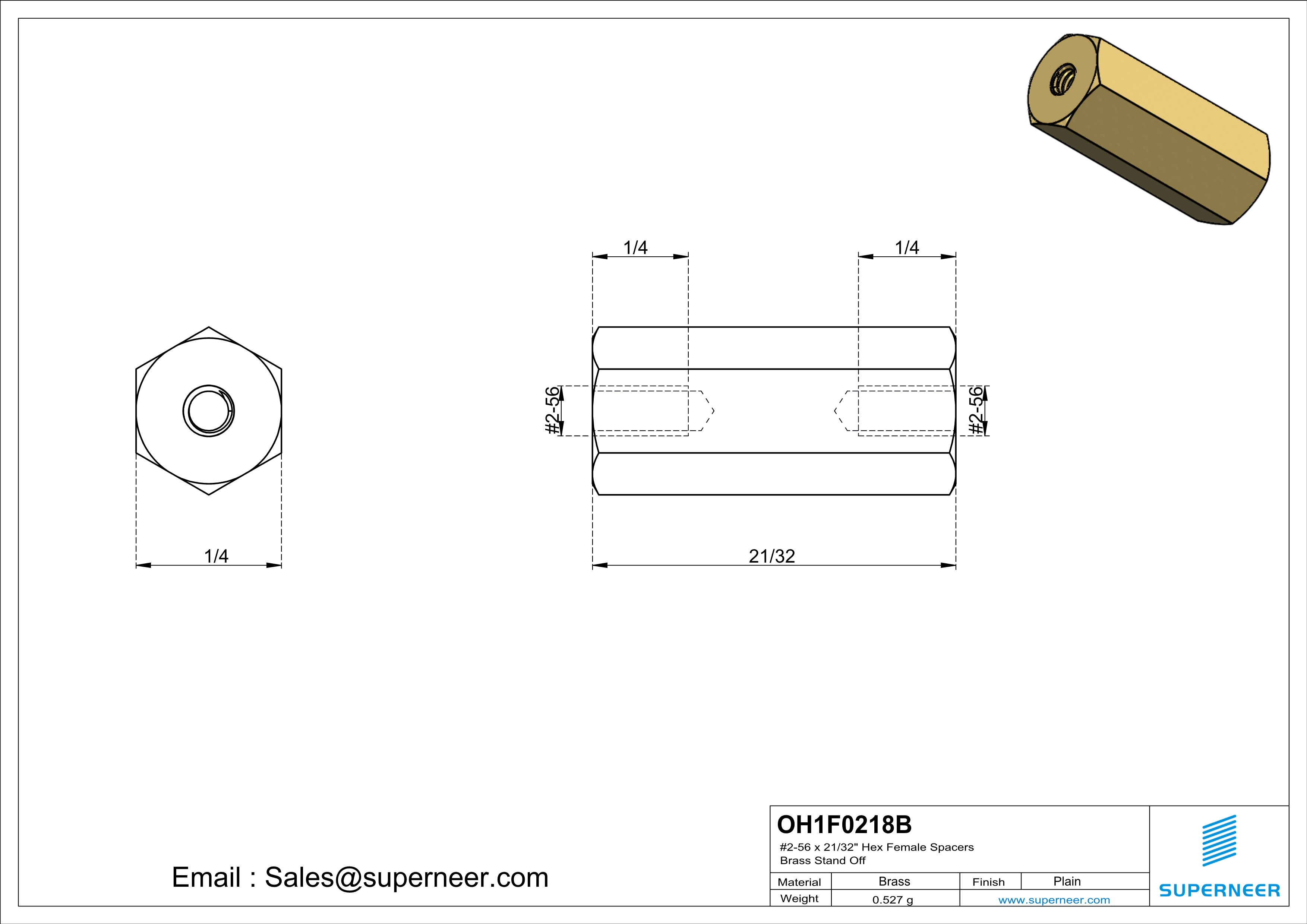 2-56 x 21/32" Hex Female Spacers Brass Stand Off  