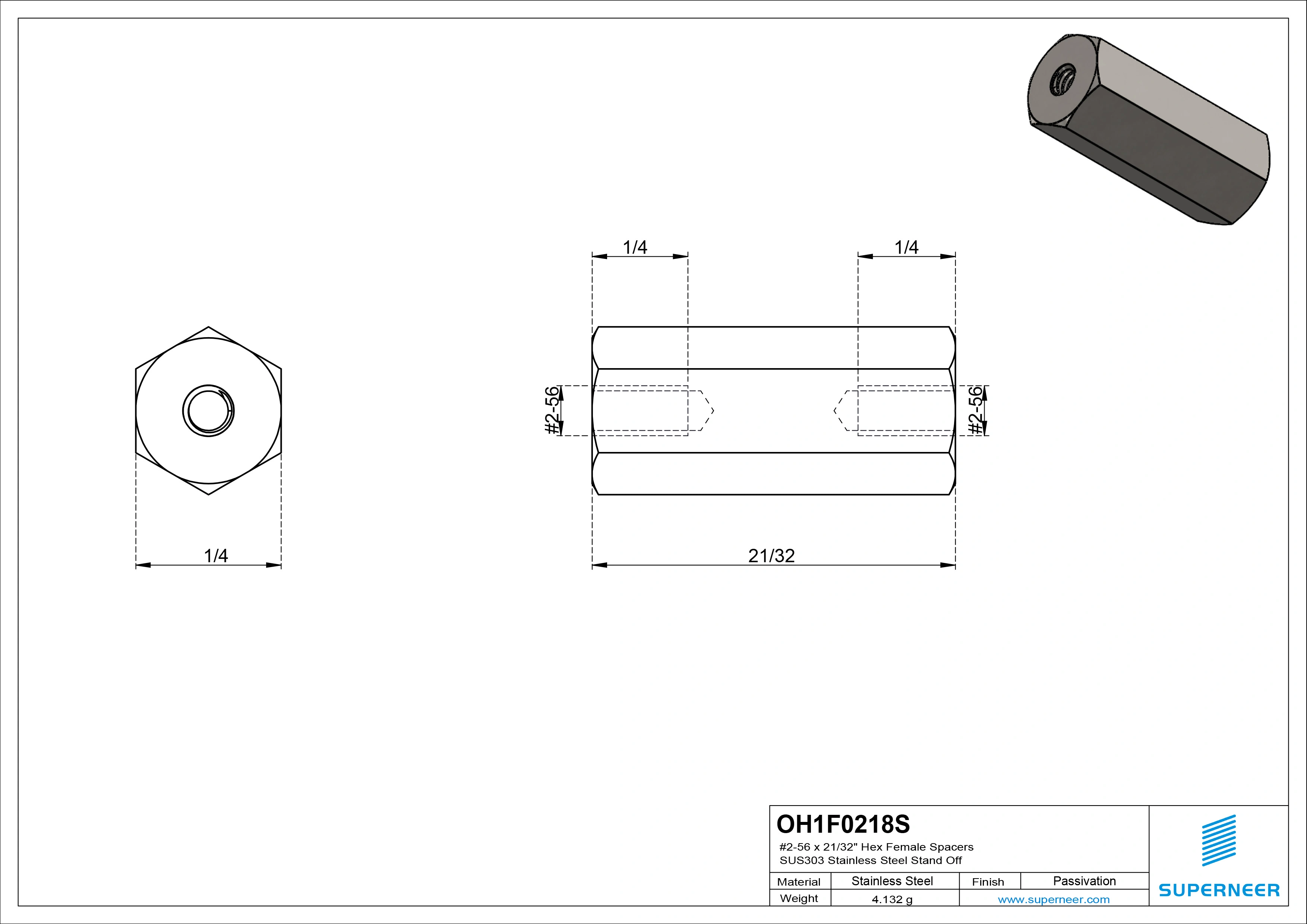 2-56 x 21/32" Hex Female Spacers SUS303 Stainless Steel Inox Stand Off 