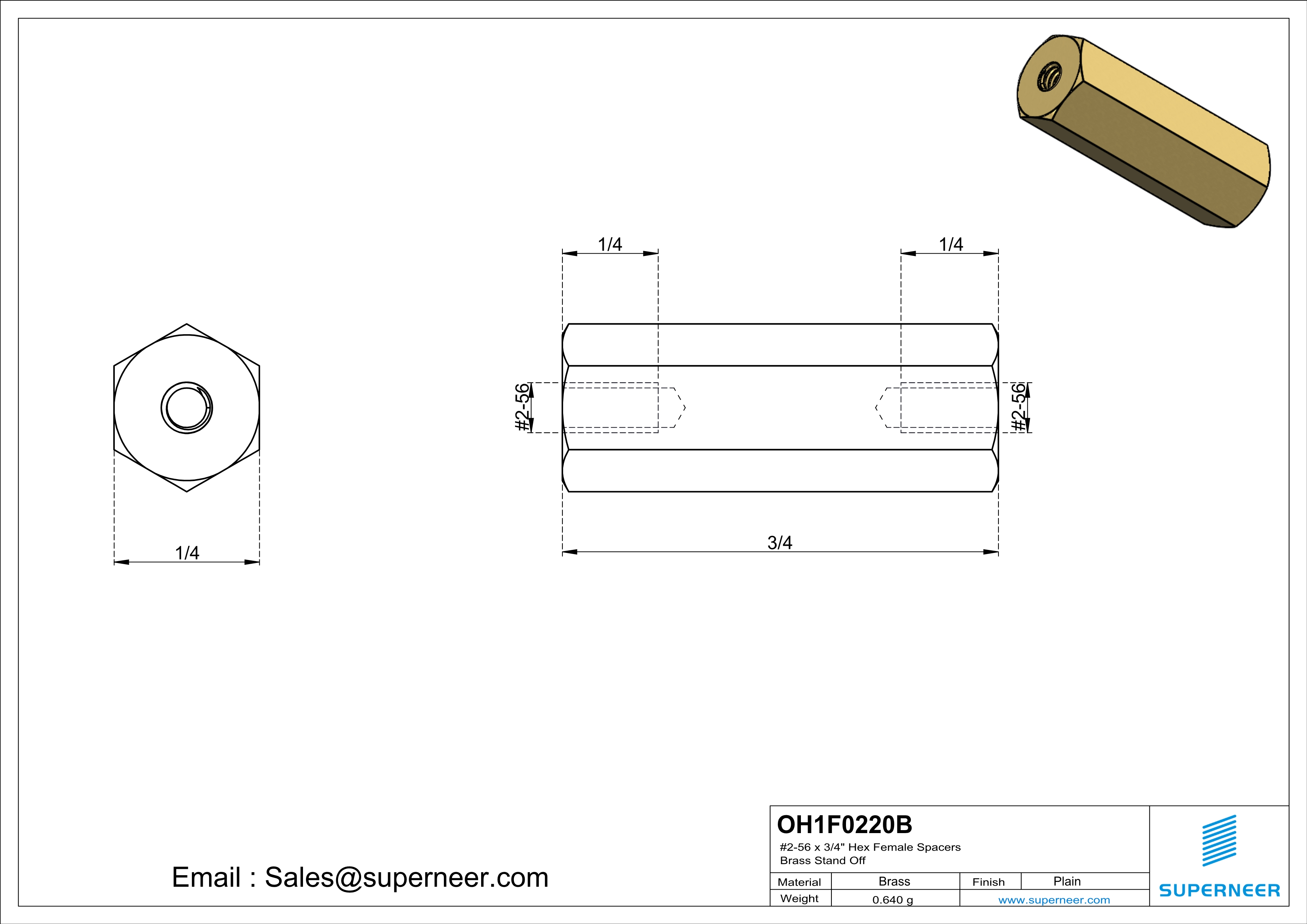 2-56 x 3/4" Hex Female Spacers Brass Stand Off  