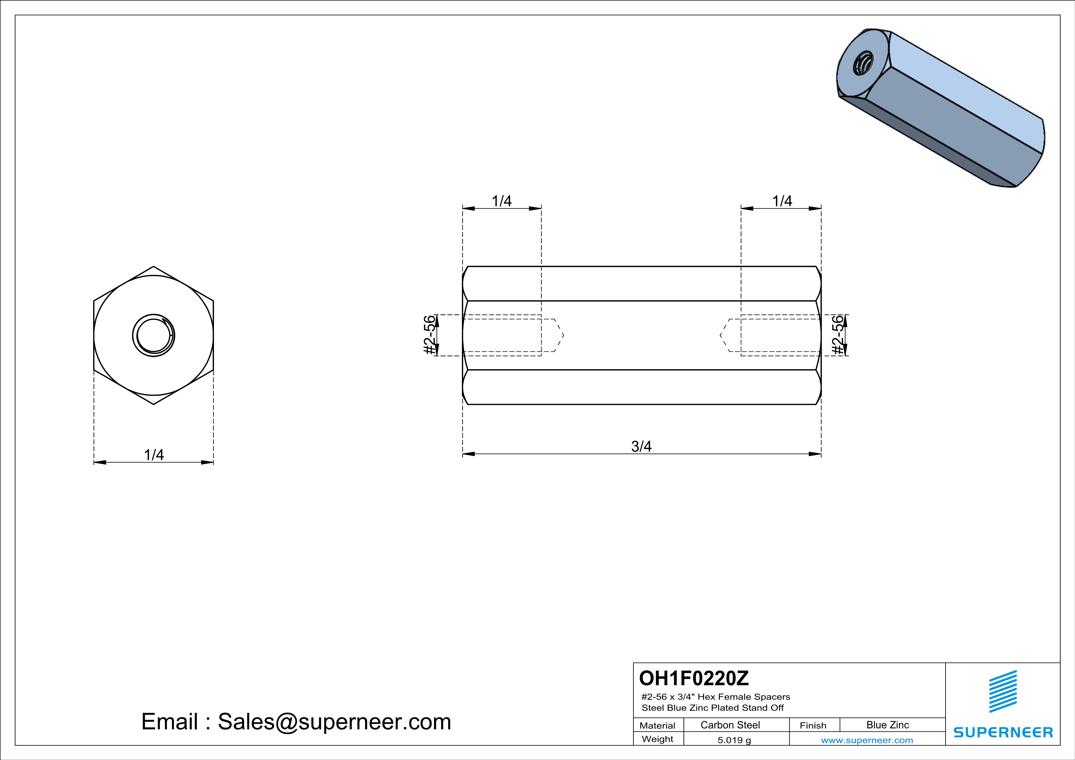 2-56 x 3/4" Hex Female Spacers Steel Blue Zinc Plated Stand Off 