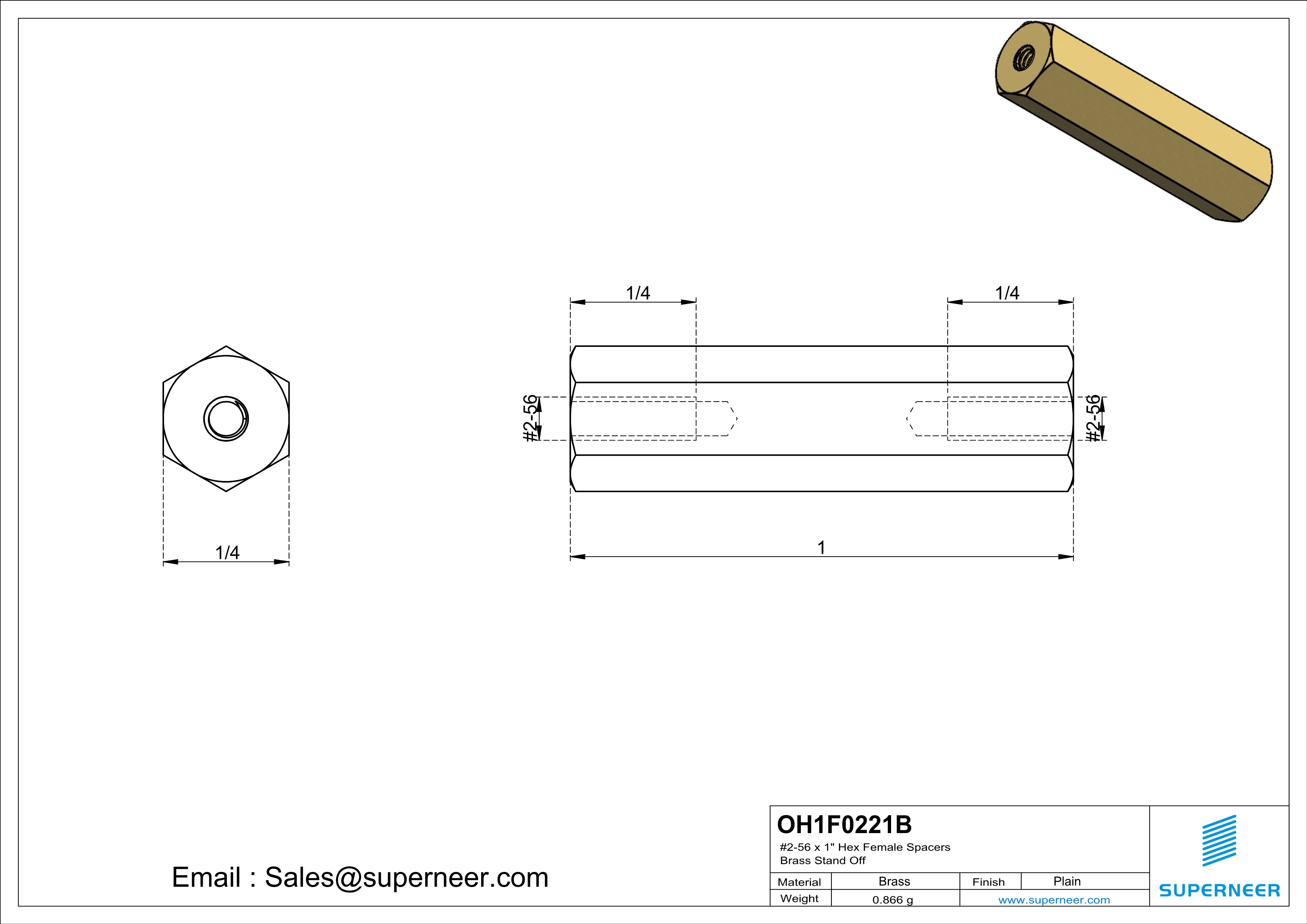 2-56 x 1"  Hex Female Spacers Brass Stand Off  