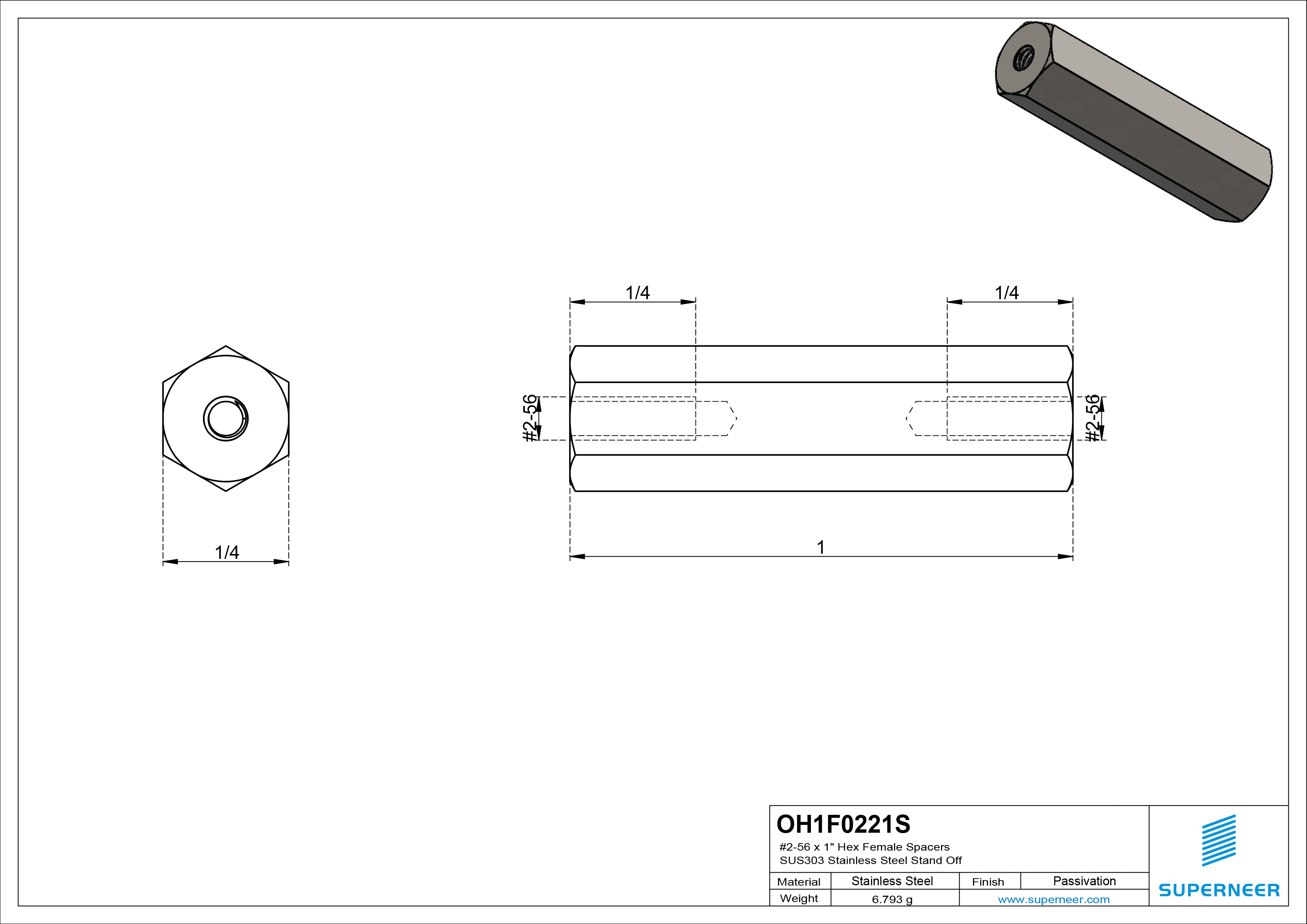 2-56 x 1" Hex Female Spacers SUS303 Stainless Steel Inox Stand Off 