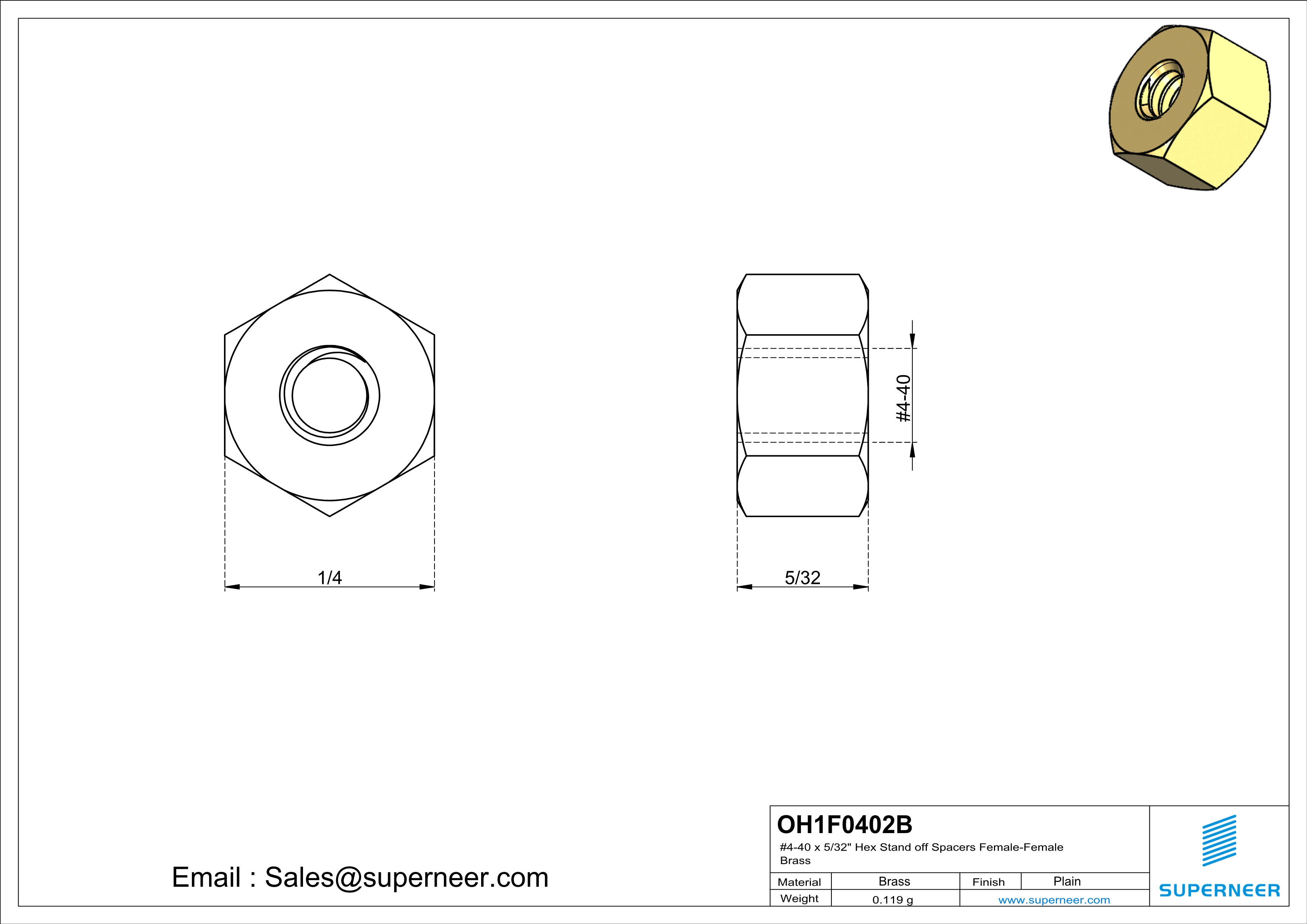 4-40 x 5/32" Hex Stand off Spacers Female-Female Brass