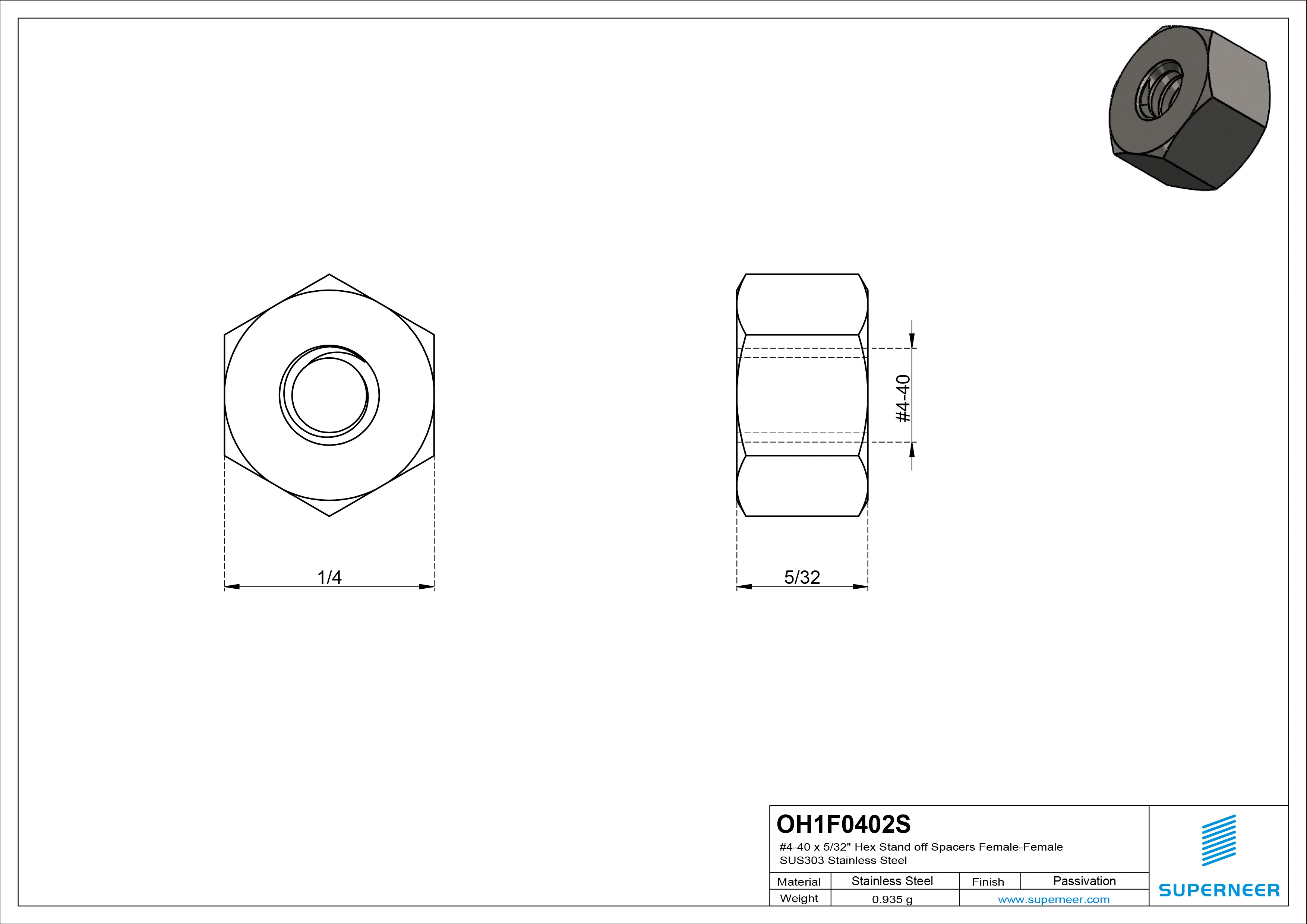 4-40 x 5/32" Hex Stand off Spacers Female-Female SUS303 Stainless Steel Inox