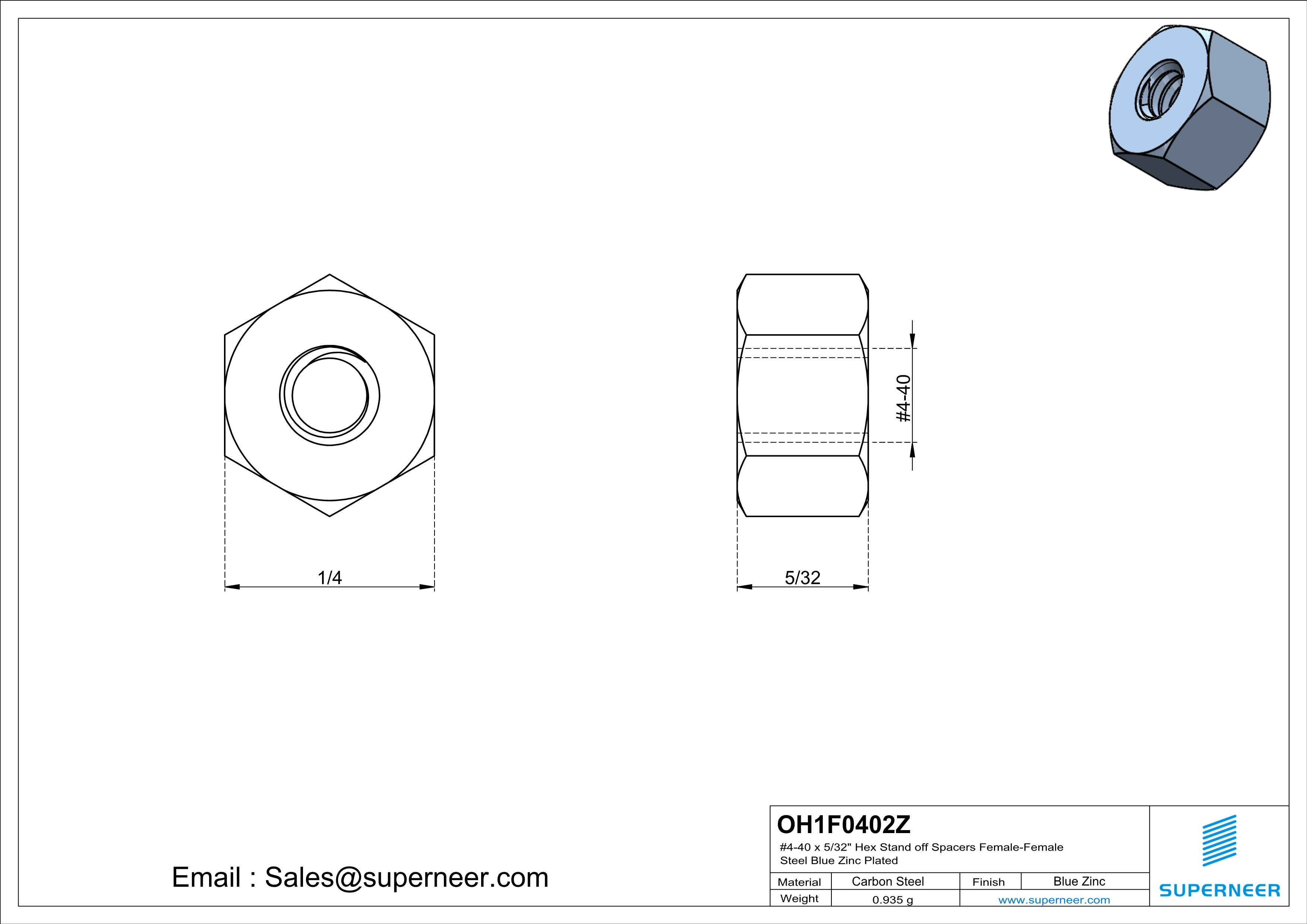 4-40 x 5/32" Hex Stand off Spacers Female-Female Steel Blue Zinc Plated