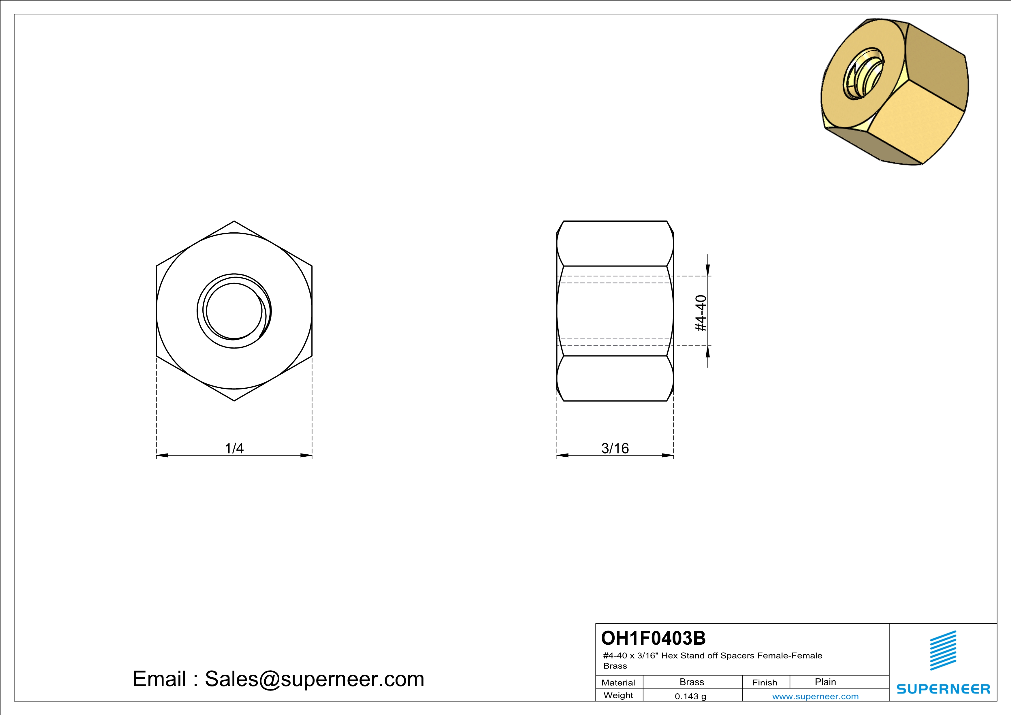 4-40 x 3/16" Hex Stand off Spacers Female-Female Brass  