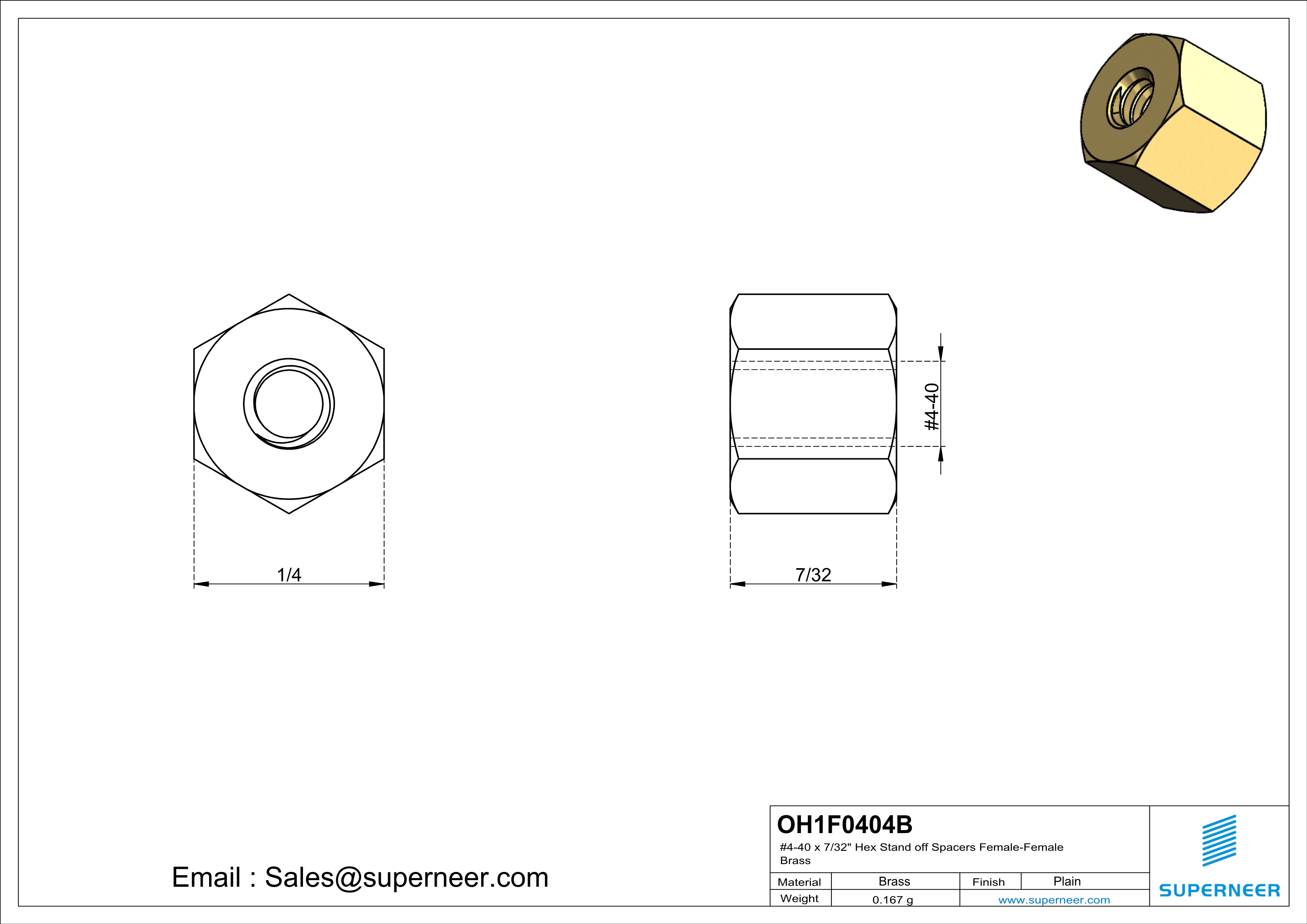 4-40 x 7/32" Hex Stand off Spacers Female-Female Brass  