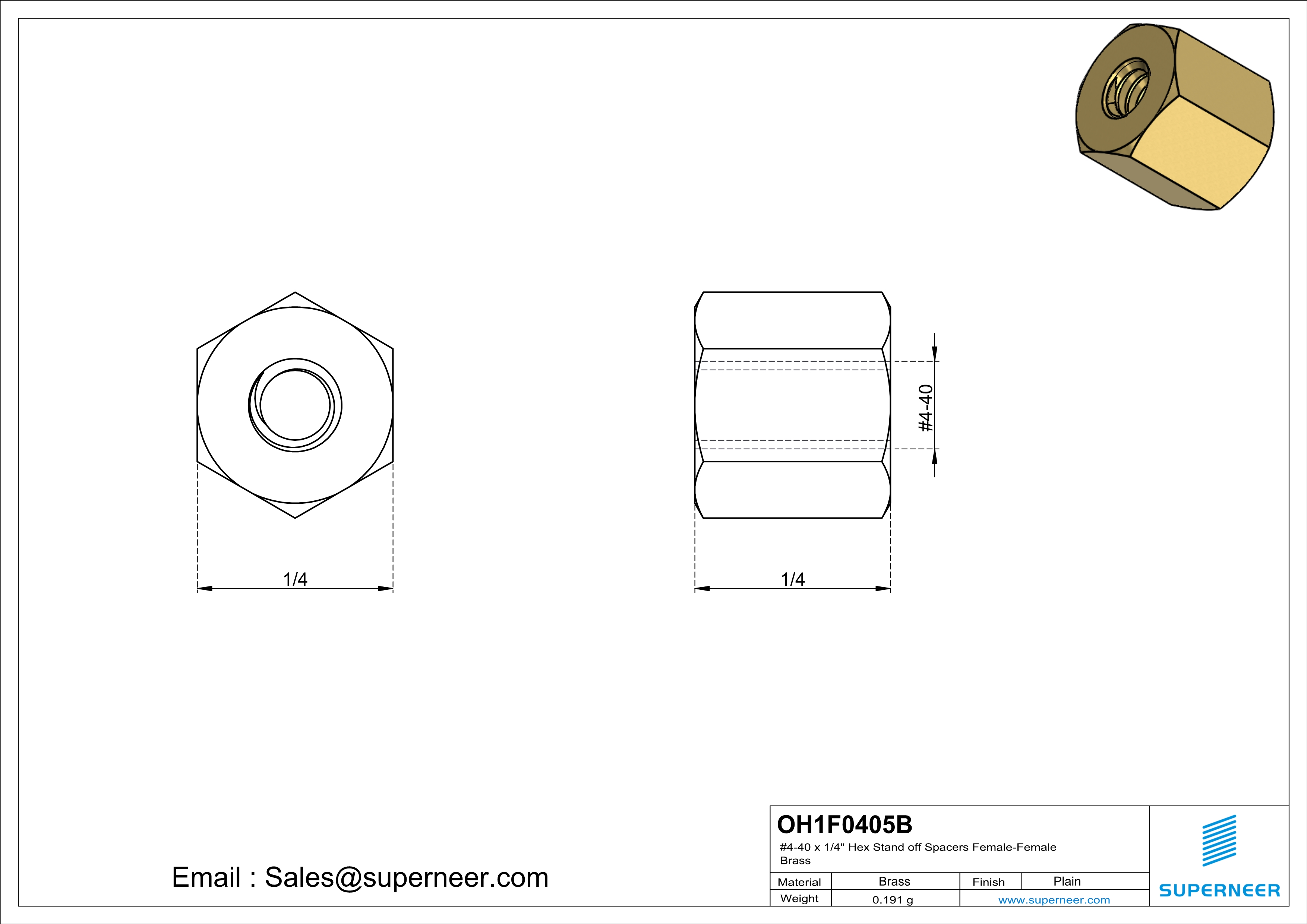 4-40 x 1/4" Hex Stand off Spacers Female-Female Brass  