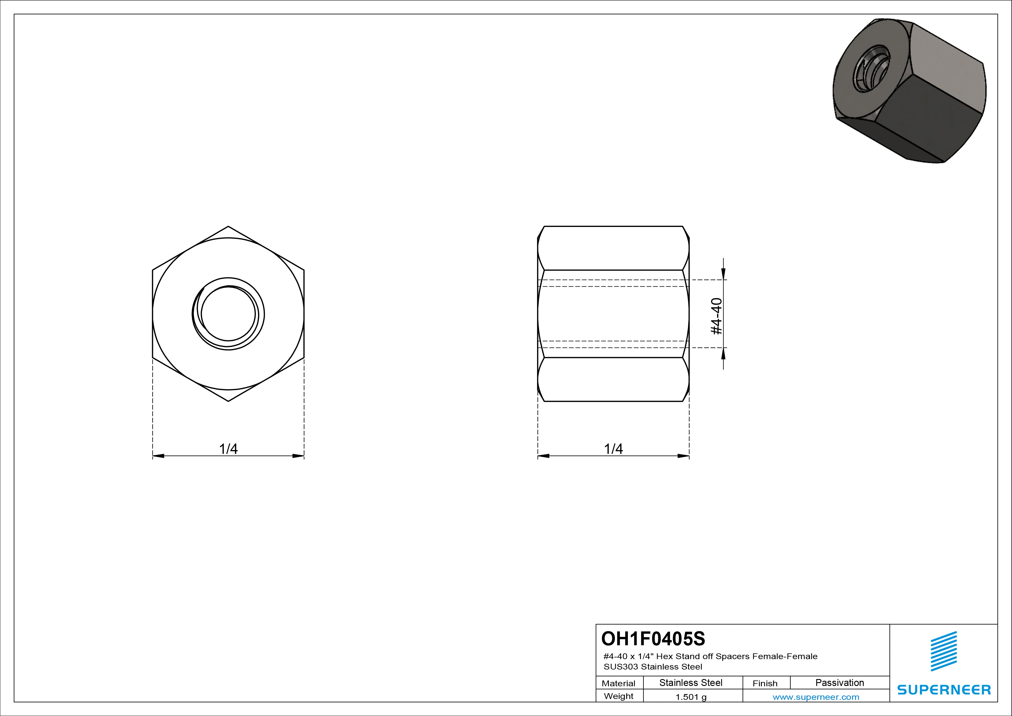 4-40 x 1/4" Hex Stand off Spacers Female-Female SUS303 Stainless Steel Inox 