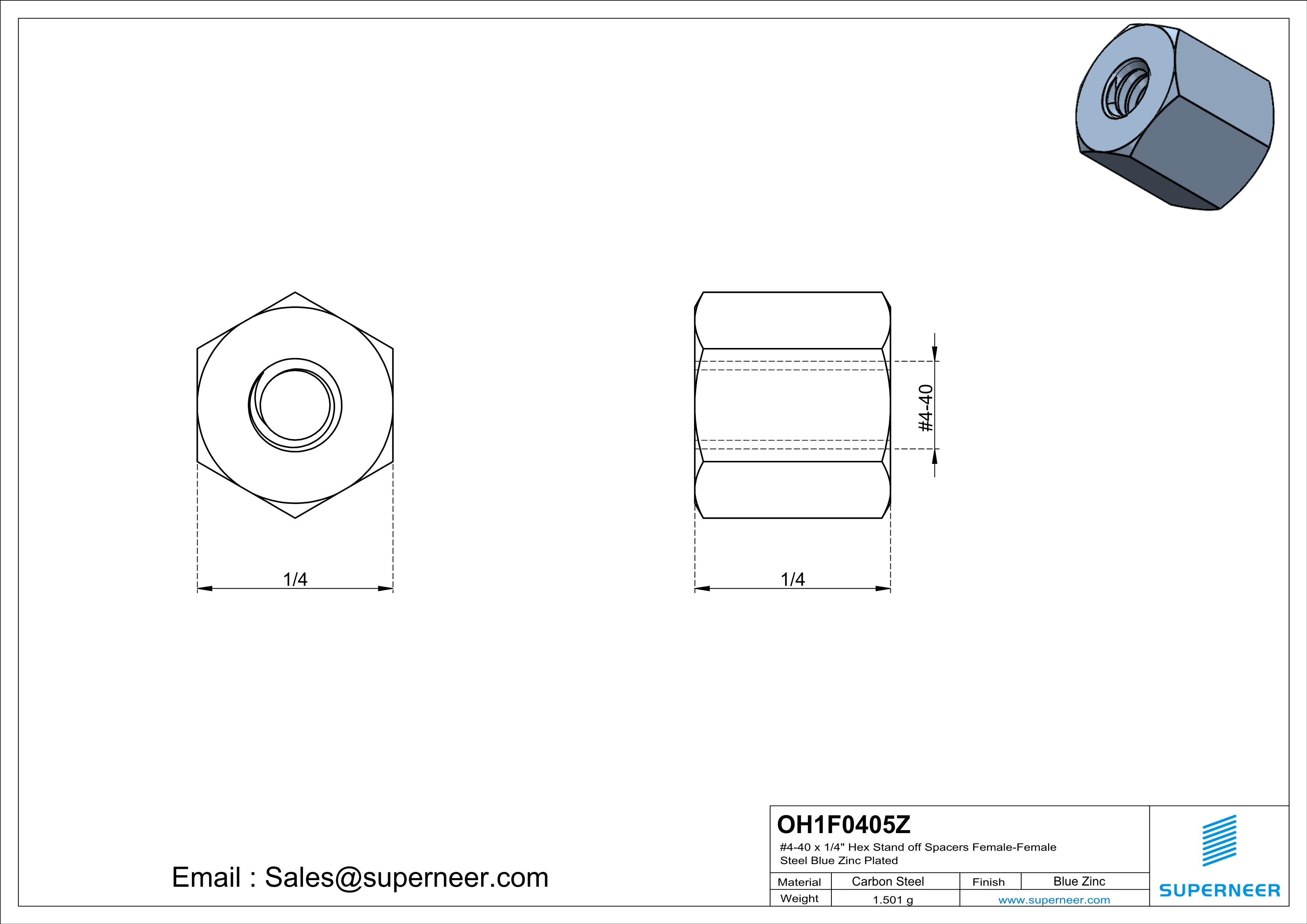 4-40 x 1/4" Hex Stand off Spacers Female-Female Steel Blue Zinc Plated 