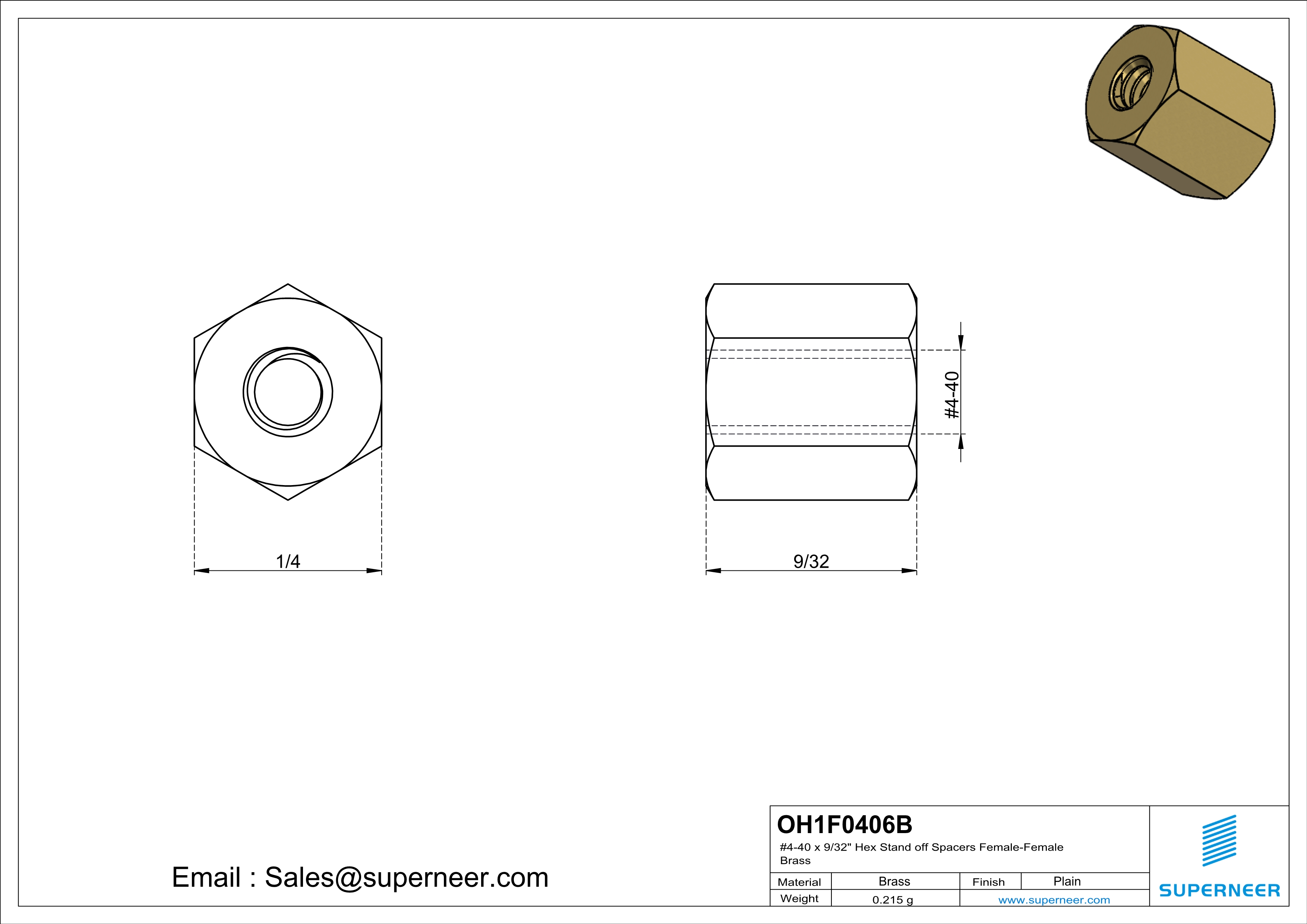 4-40 x 9/32" Hex Stand off Spacers Female-Female Brass  