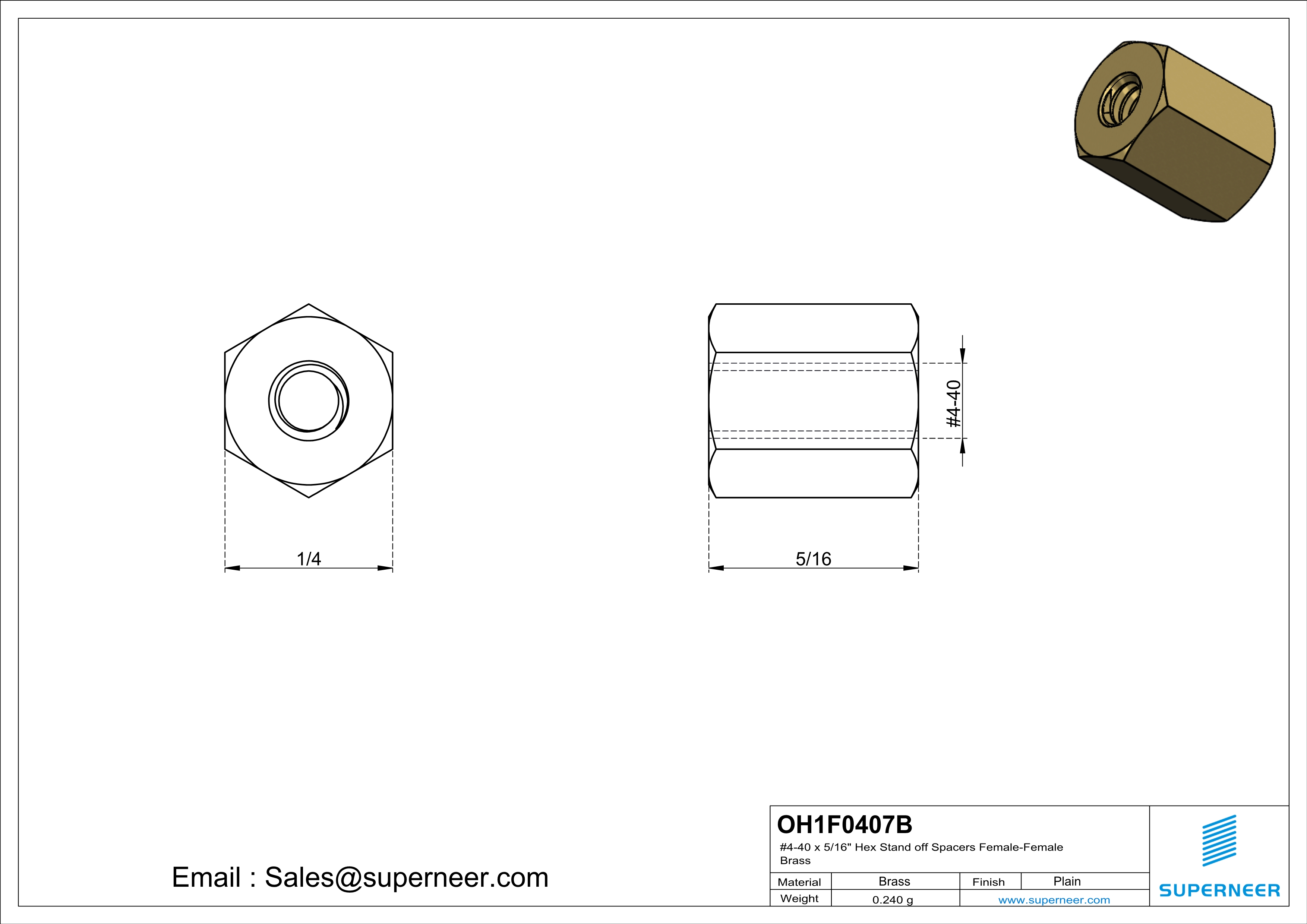 4-40 x 5/16" Hex Stand off Spacers Female-Female Brass  