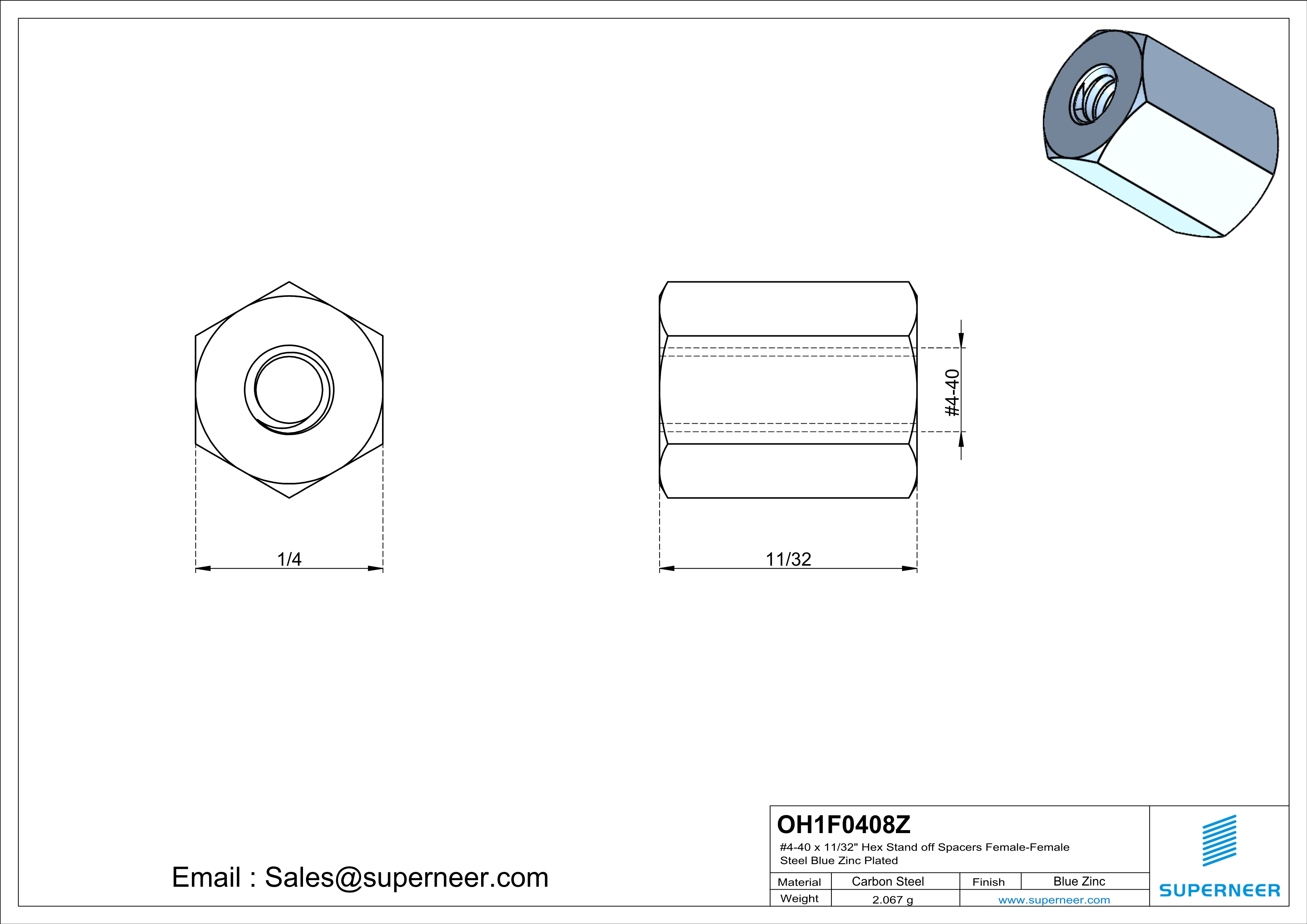 4-40 x 11/32" Hex Stand off Spacers Female-Female Steel Blue Zinc Plated 