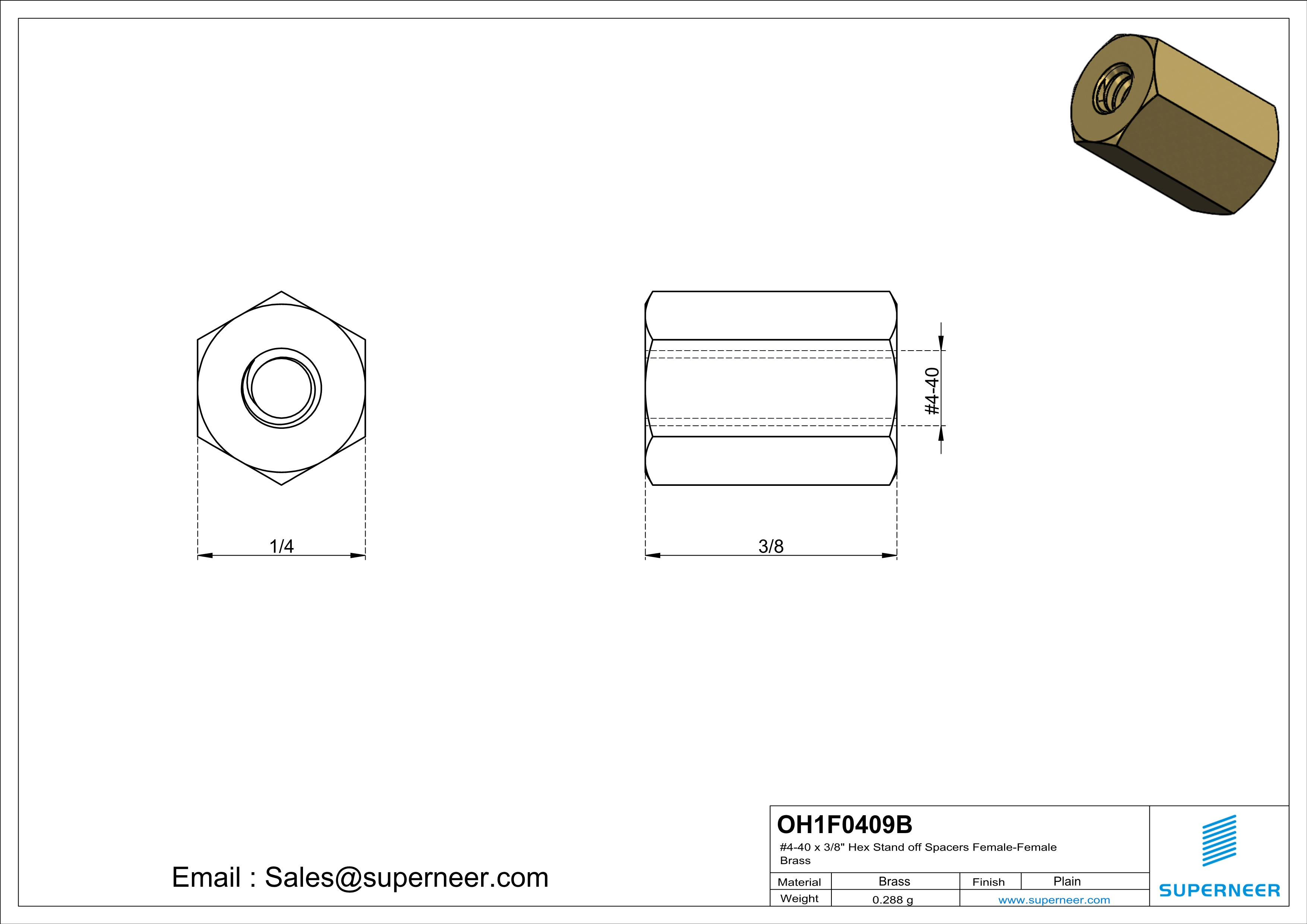 4-40 x 3/8" Hex Stand off Spacers Female-Female Brass  