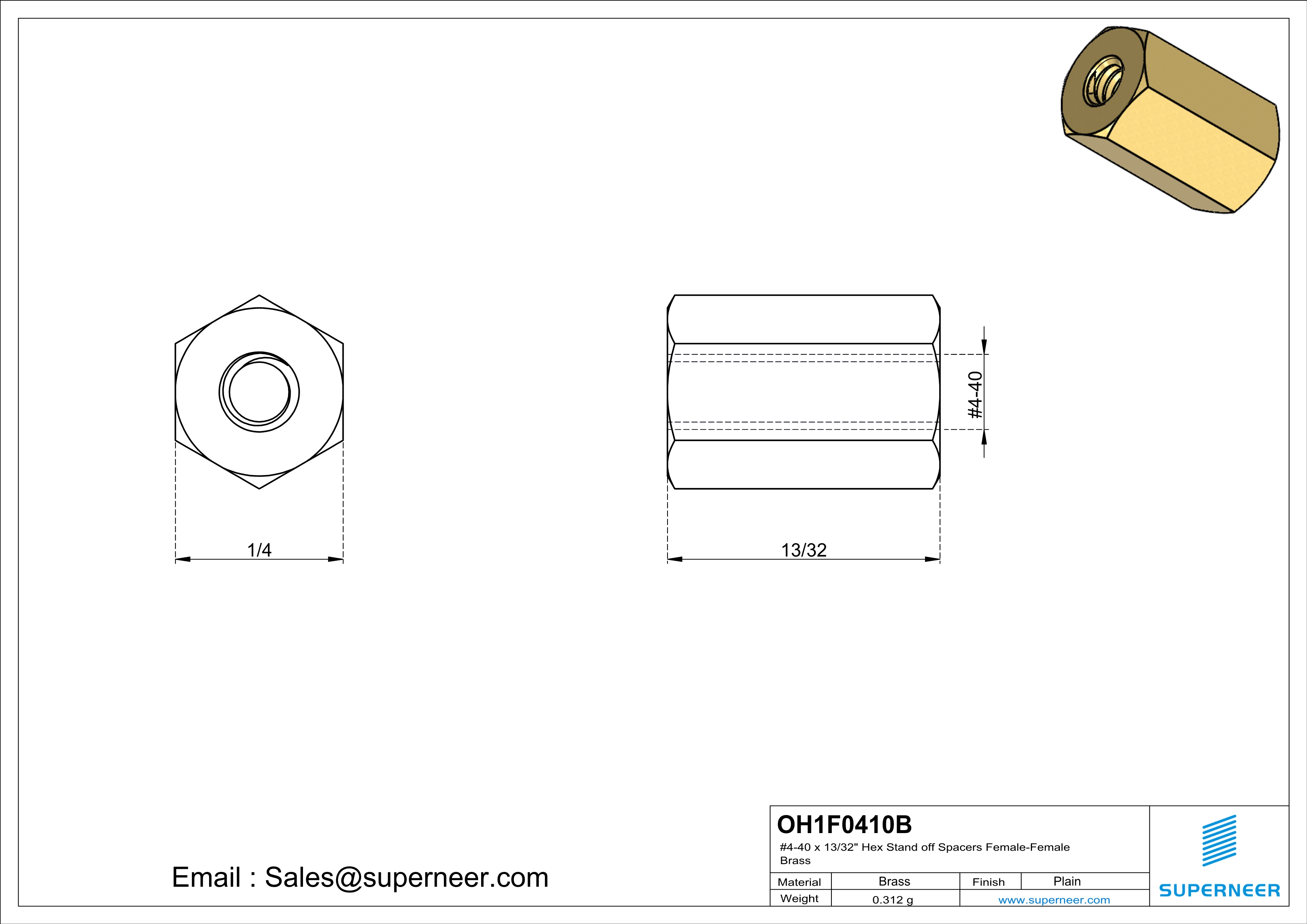 4-40 x 13/32" Hex Stand off Spacers Female-Female Brass  