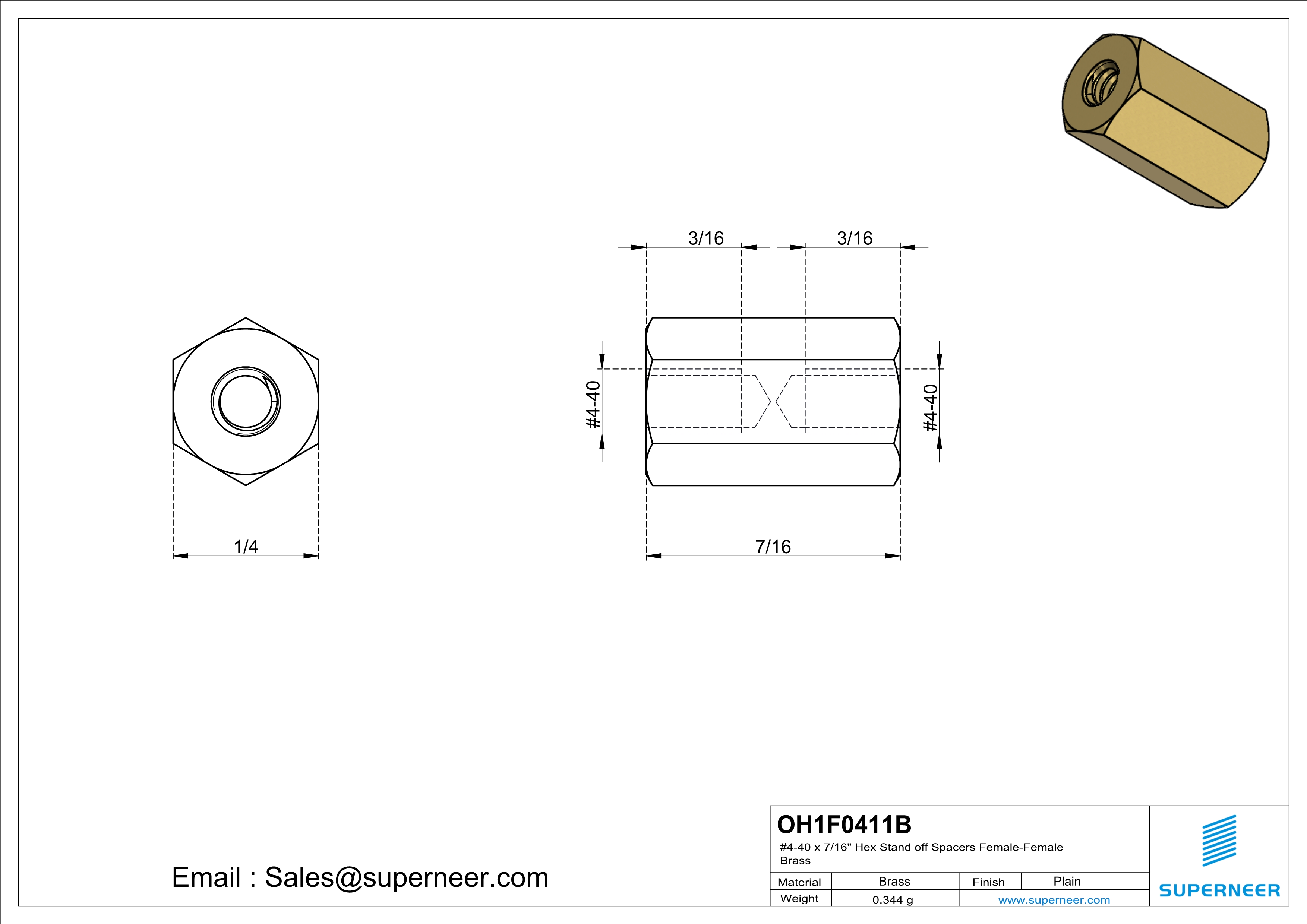 4-40 x 7/16" Hex Stand off Spacers Female-Female Brass  