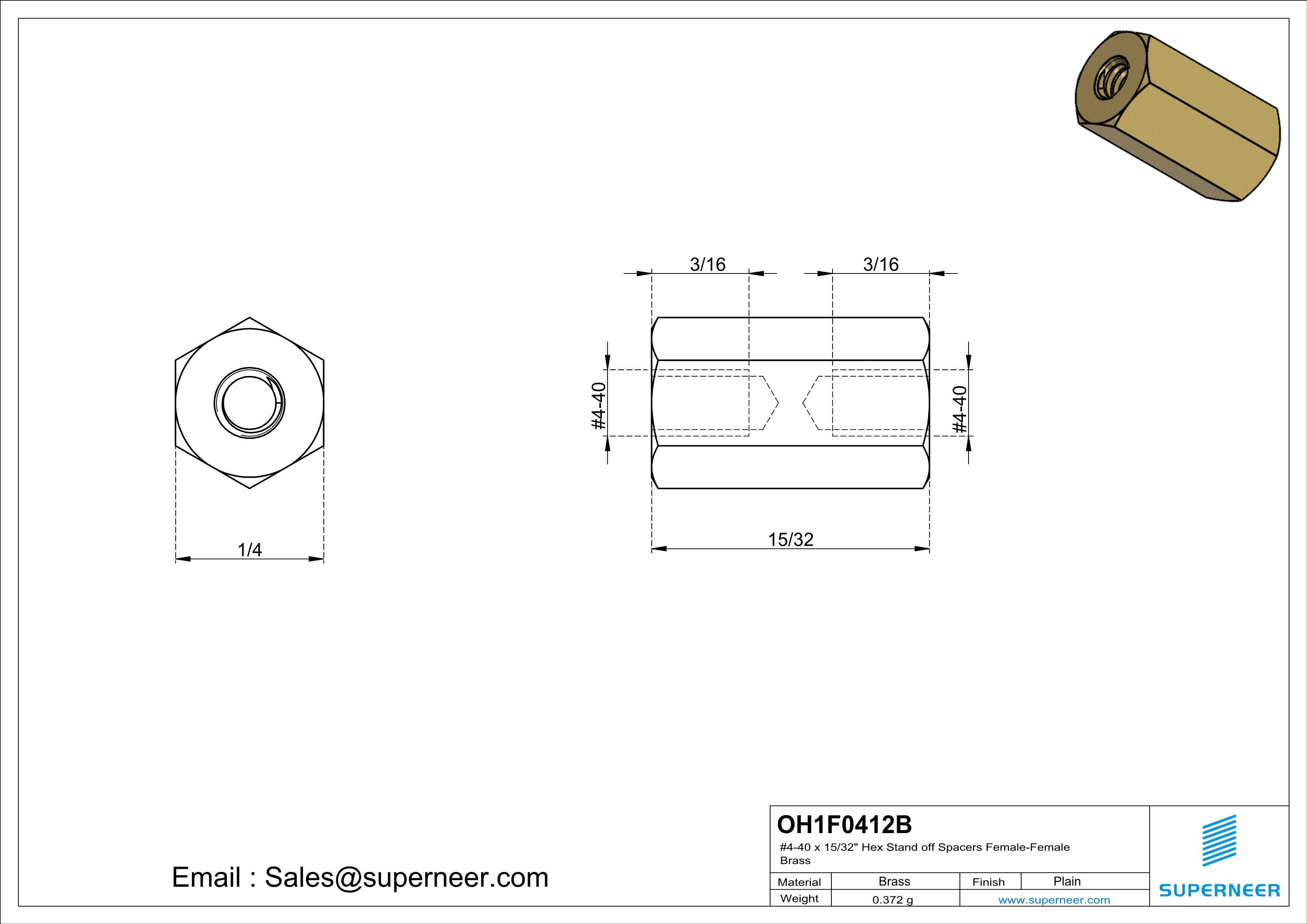 4-40 x 15/32" Hex Stand off Spacers Female-Female Brass  