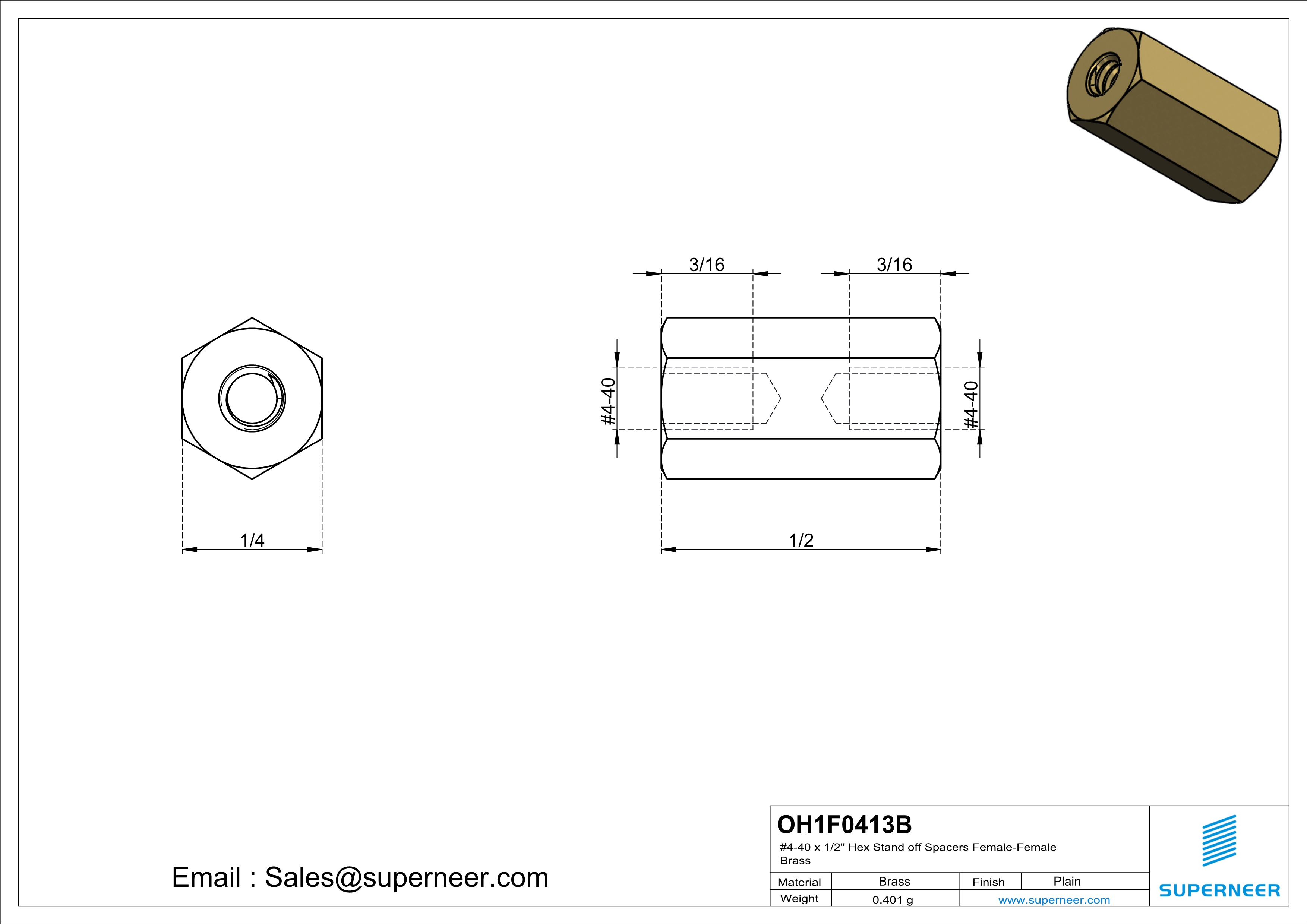 4-40 x 1/2" Hex Stand off Spacers Female-Female Brass  