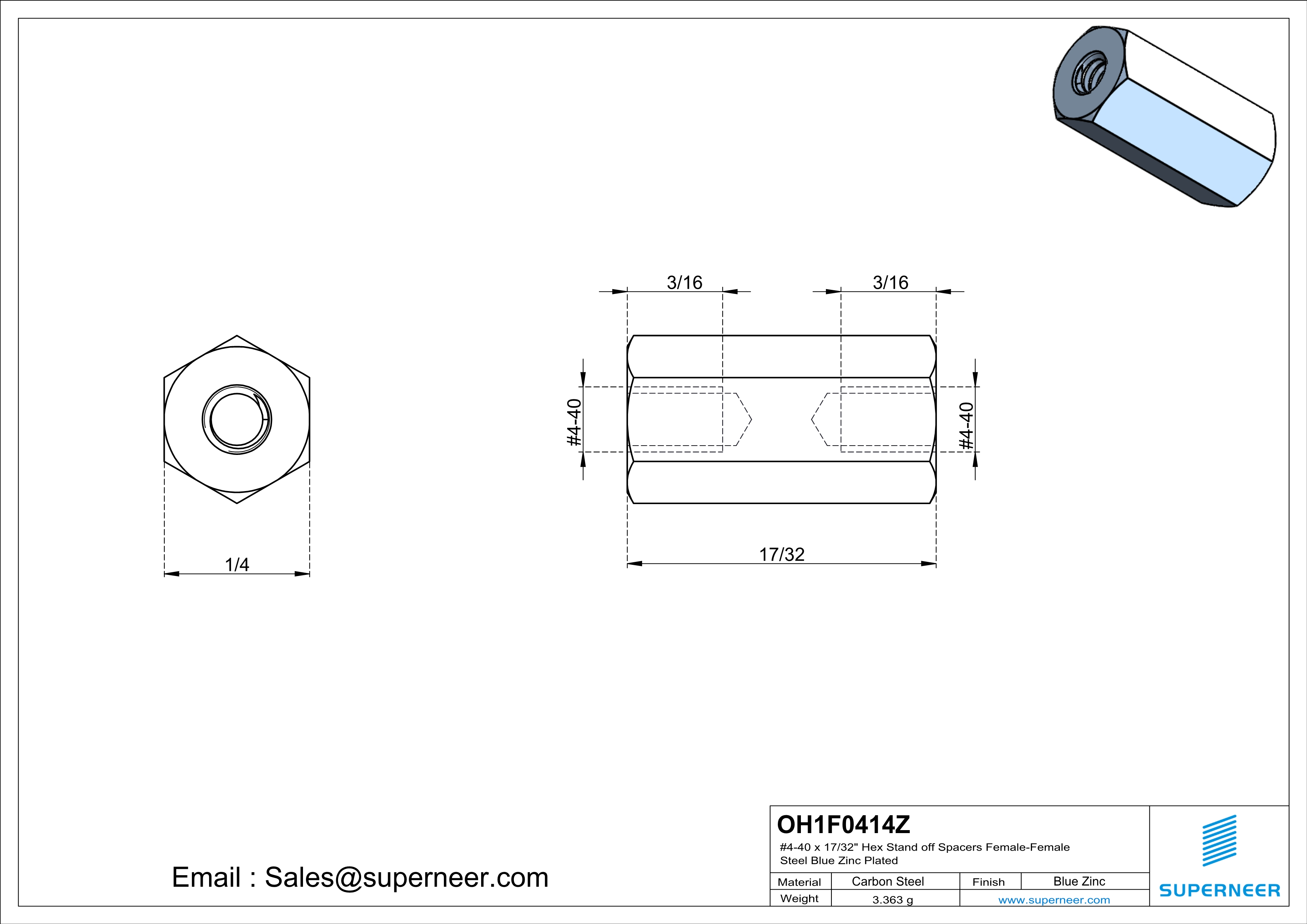 4-40 x 17/32" Hex Stand off Spacers Female-Female Steel Blue Zinc Plated 