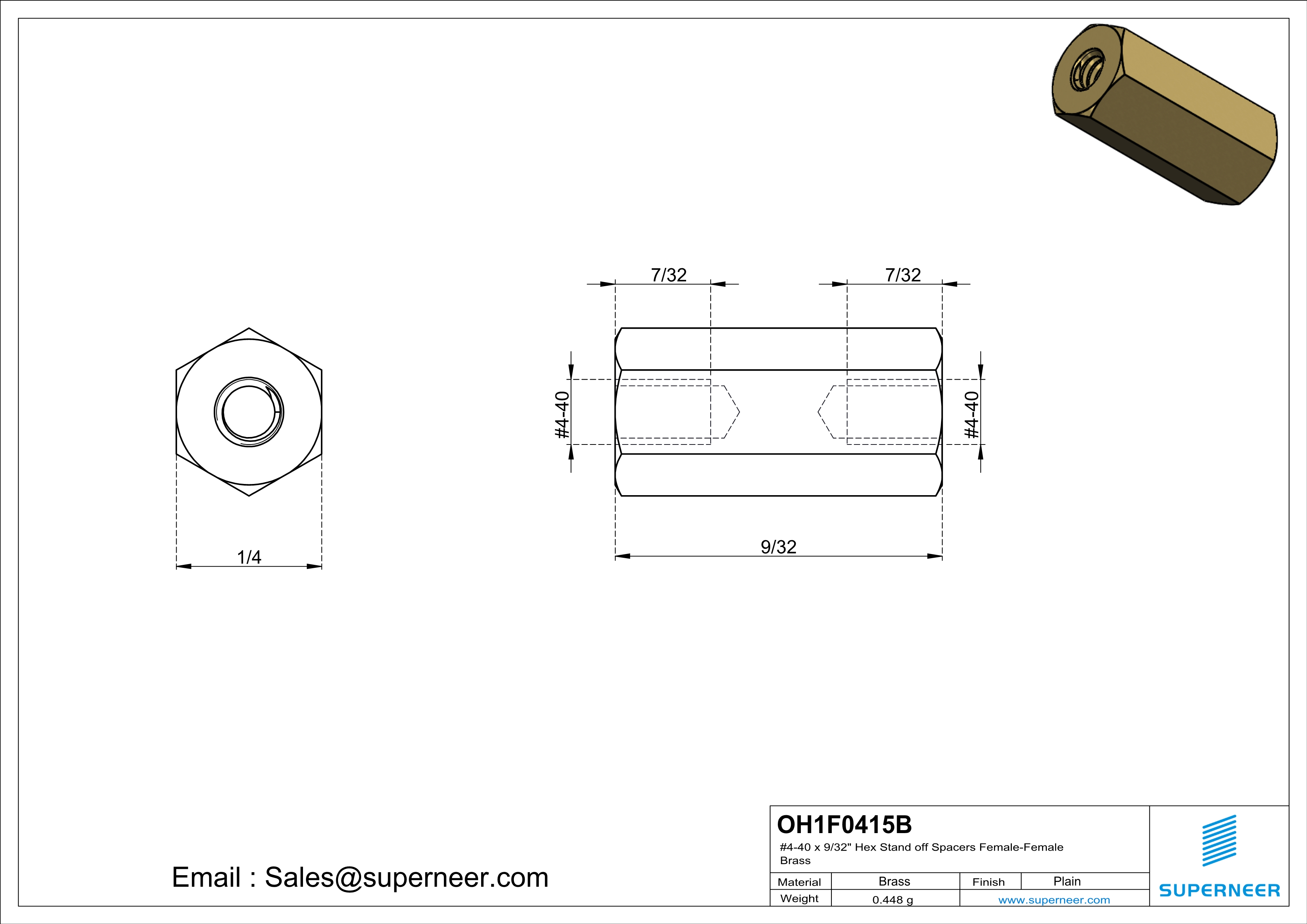 4-40 x 9/16" Hex Stand off Spacers Female-Female Brass  