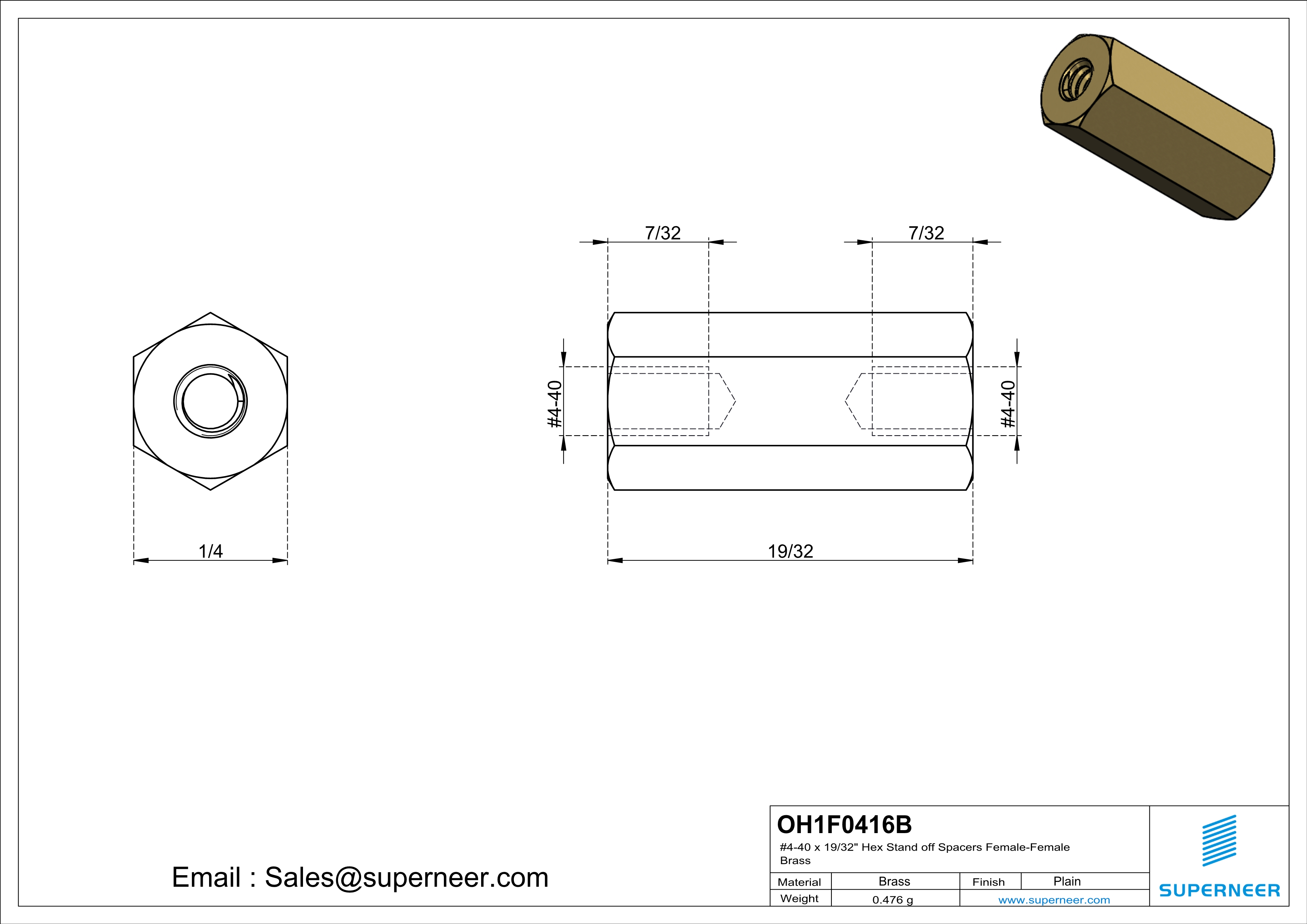 4-40 x 19/32" Hex Stand off Spacers Female-Female Brass  