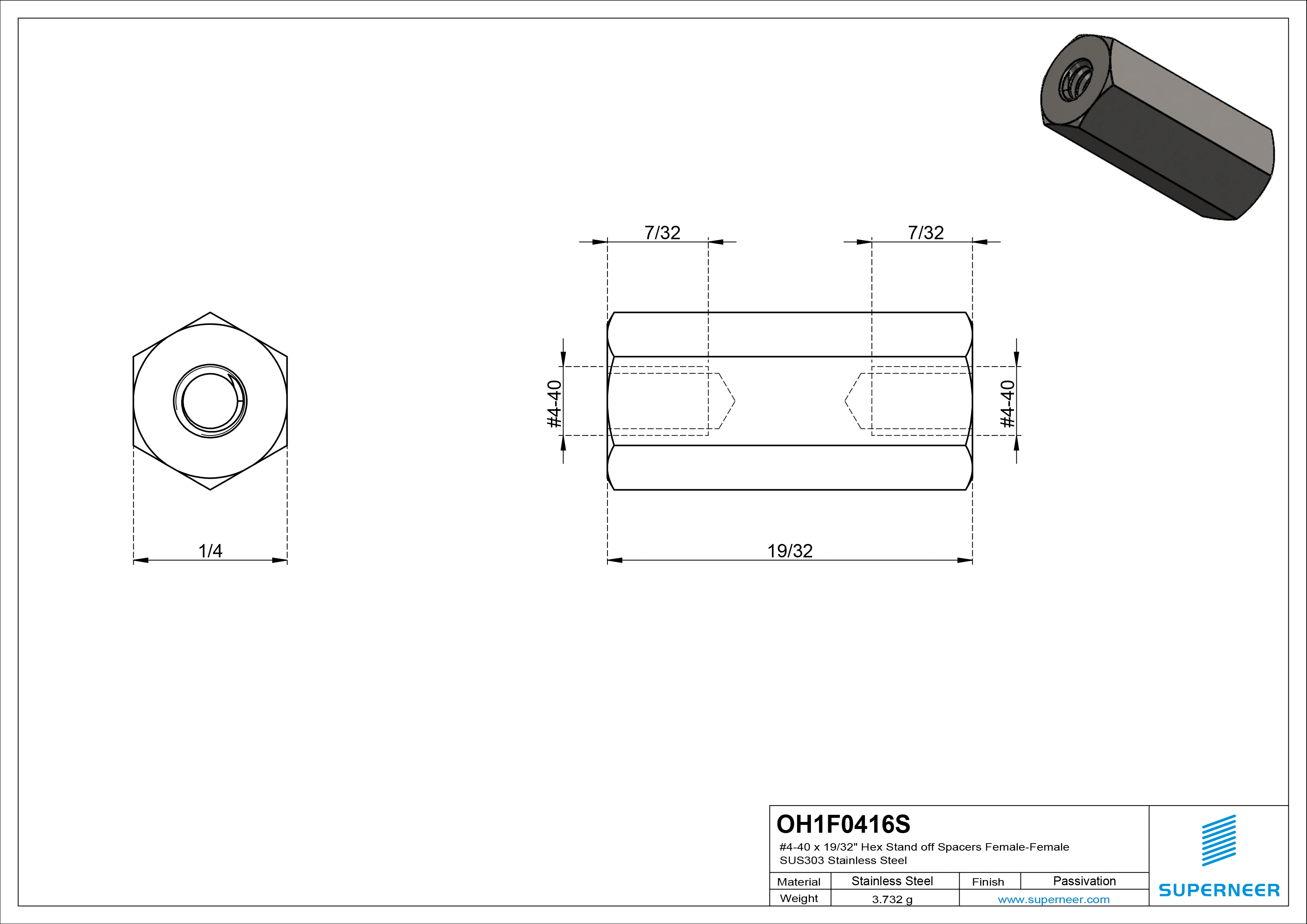 4-40 x 19/32" Hex Stand off Spacers Female-Female SUS303 Stainless Steel Inox 