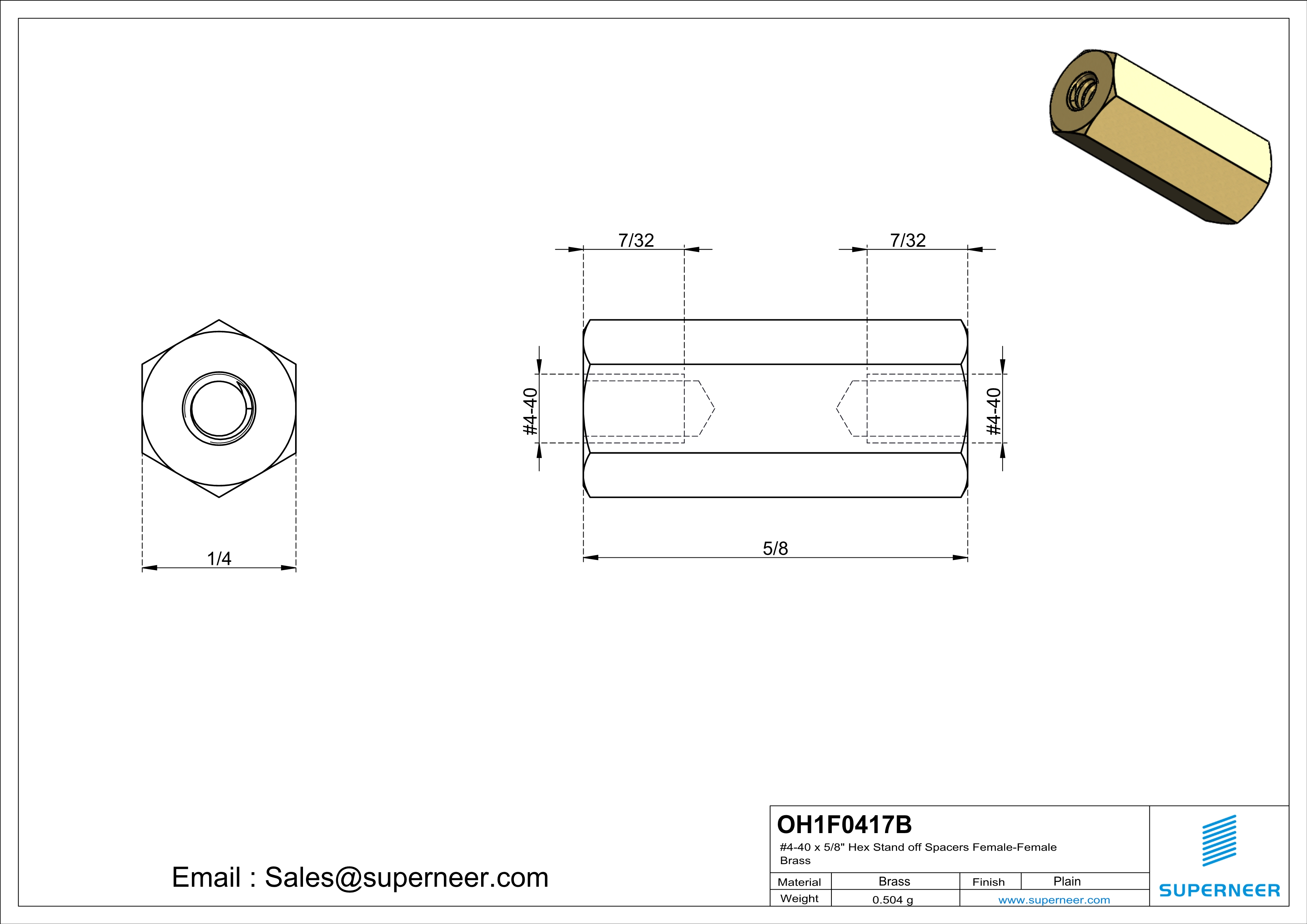 4-40 x 5/8" Hex Stand off Spacers Female-Female Brass  