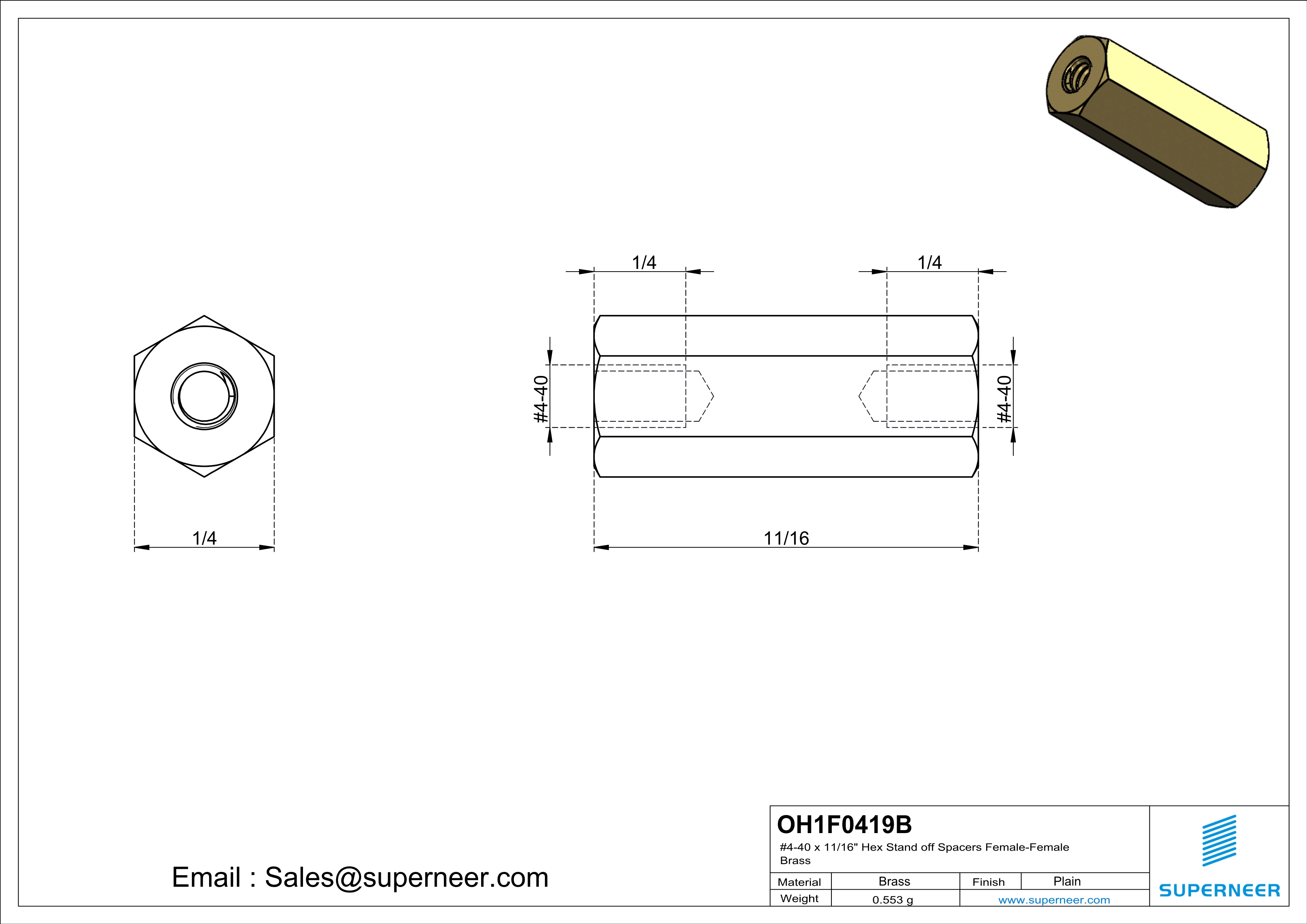 4-40 x 11/16" Hex Stand off Spacers Female-Female Brass  