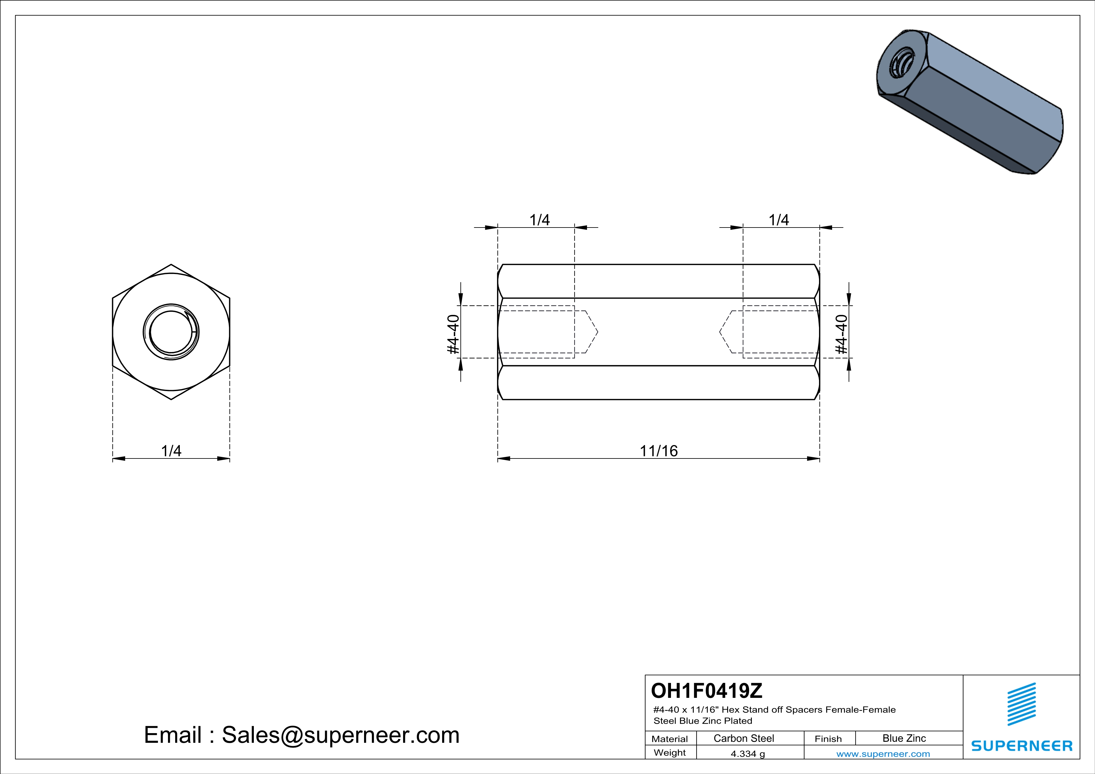 4-40 x 11/16" Hex Stand off Spacers Female-Female Steel Blue Zinc Plated 