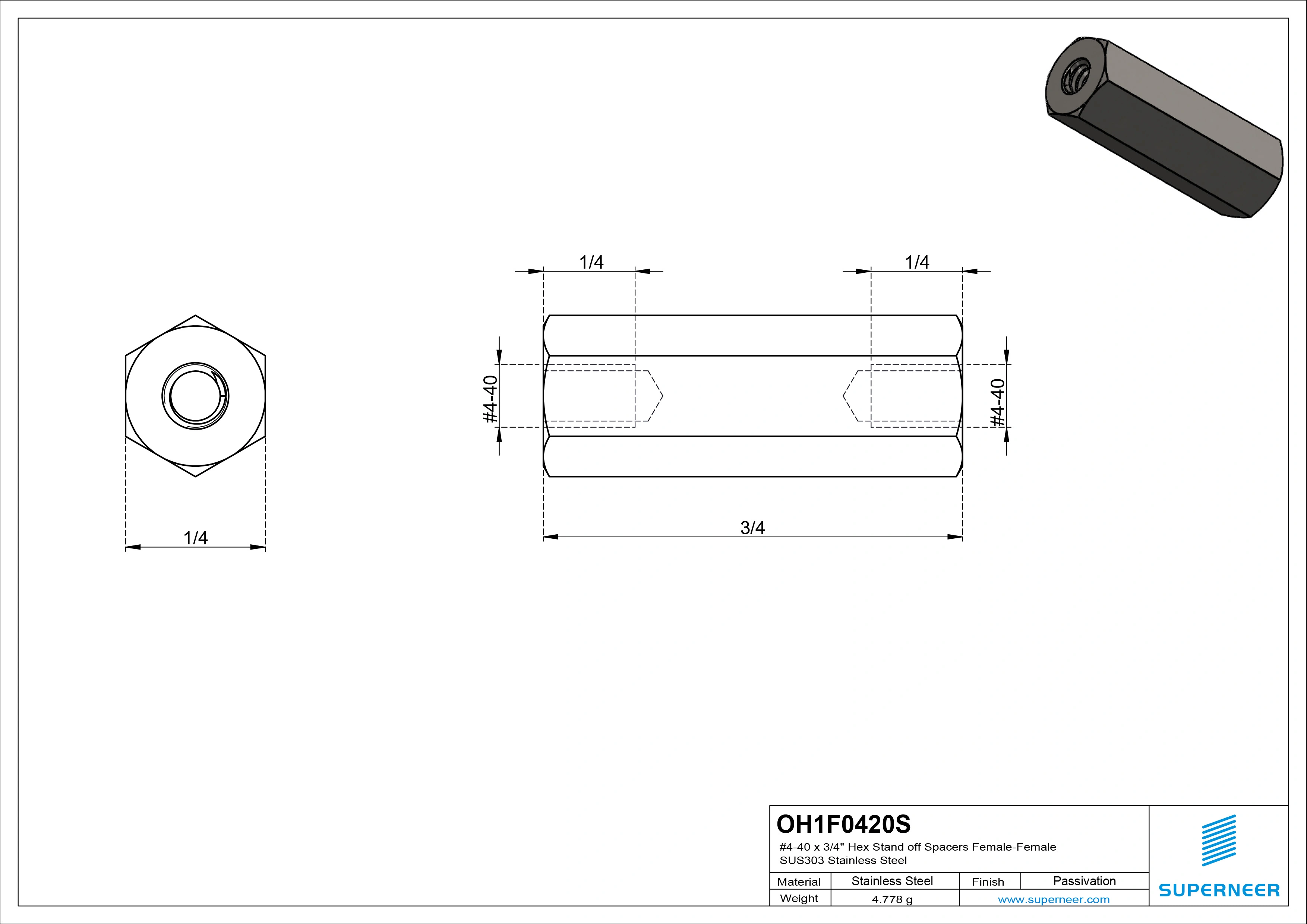 4-40 x 3/4" Hex Stand off Spacers Female-Female SUS303 Stainless Steel Inox 