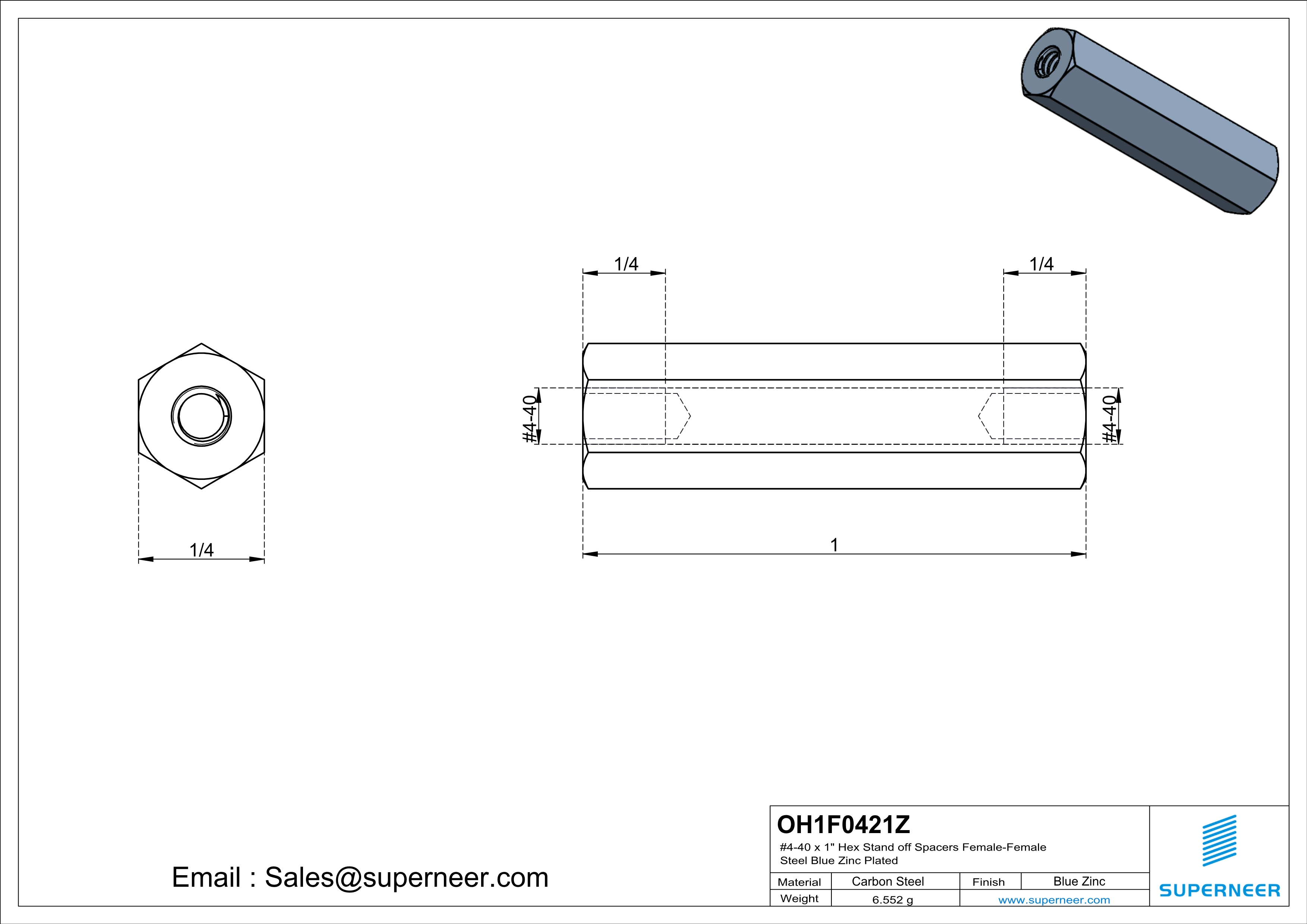 4-40 x 1" Hex Stand off Spacers Female-Female Steel Blue Zinc Plated 