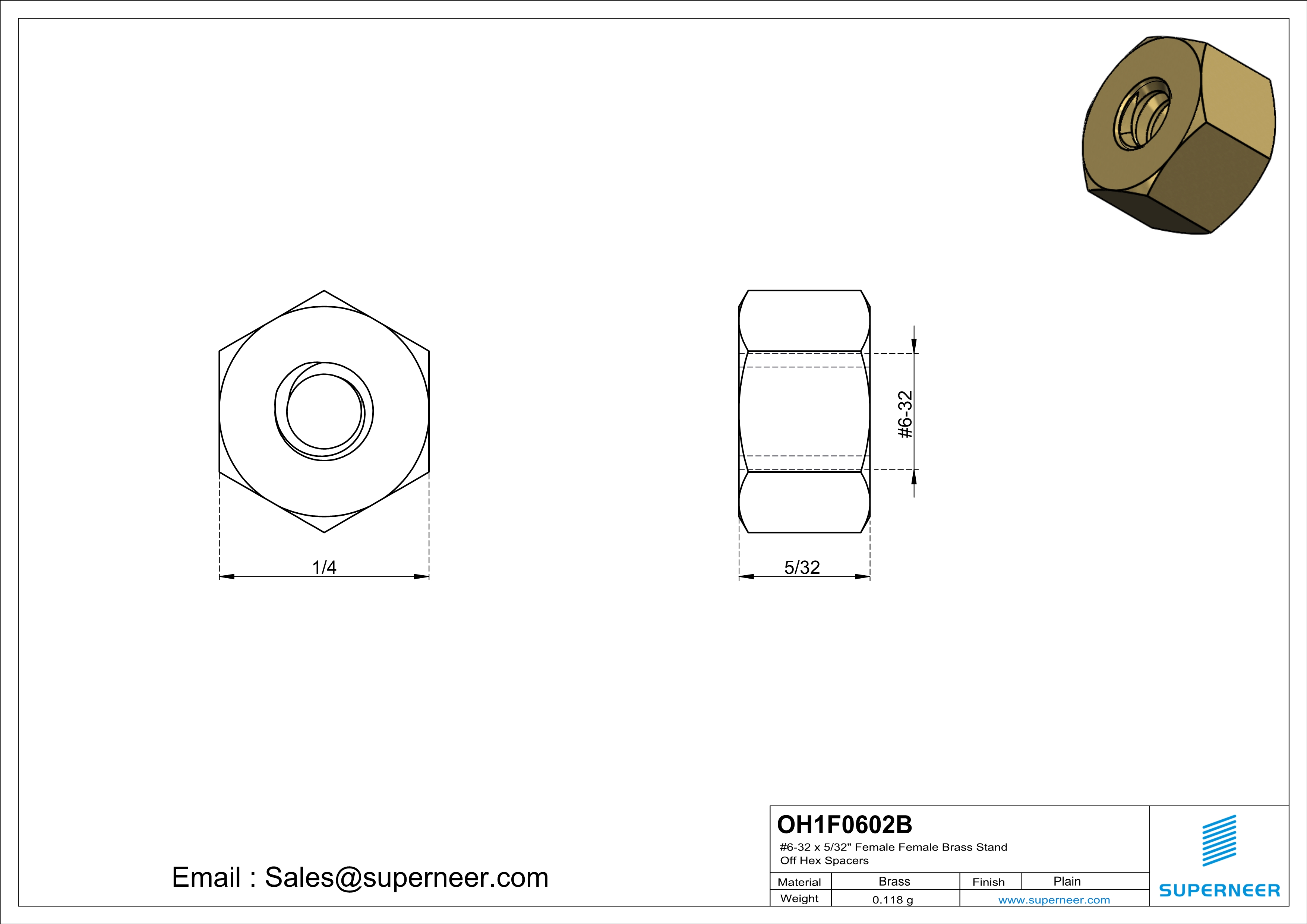 6-32 x 5/32" Female Female Brass Stand Off Hex Spacers 