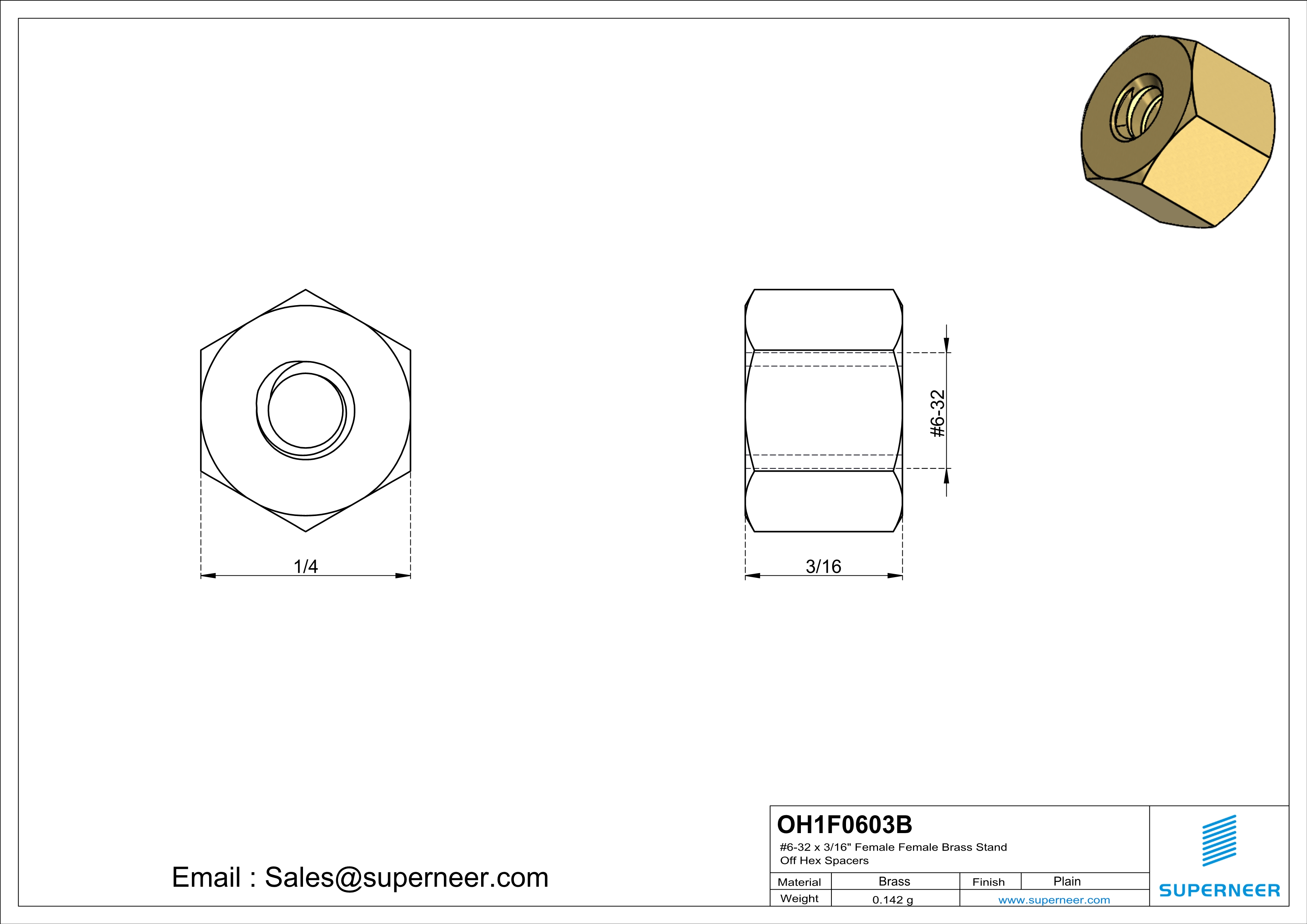 6-32 x 3/16" Female Female Brass Stand Off Hex Spacers 