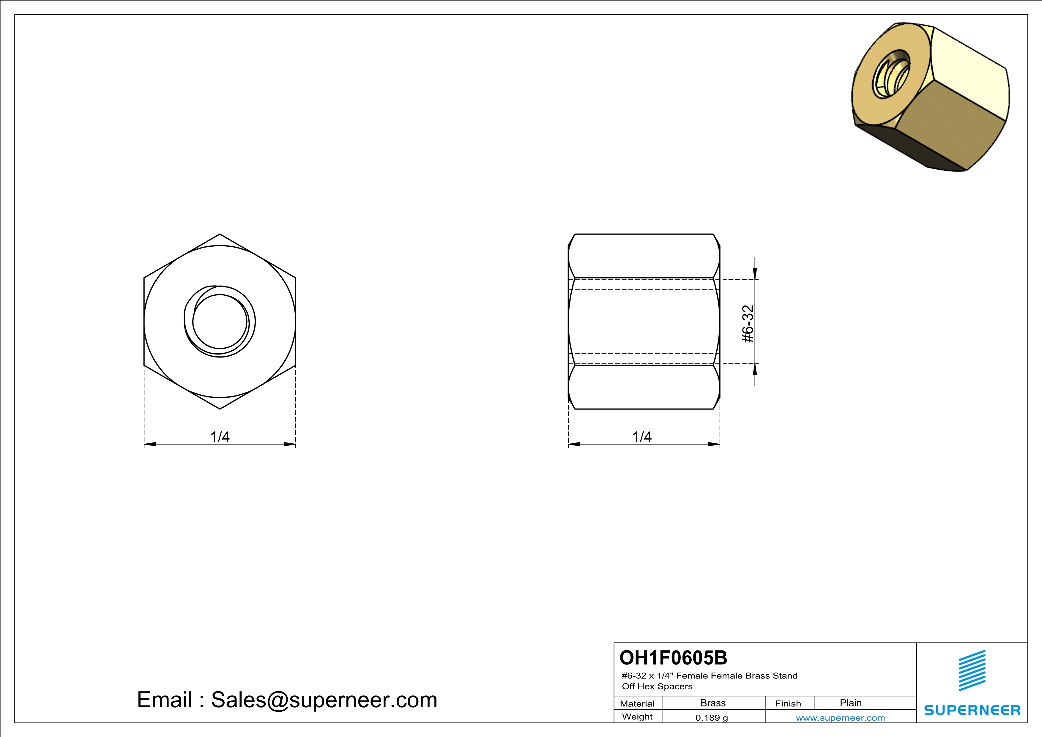 6-32 x 1/4" Female Female Brass Stand Off Hex Spacers 