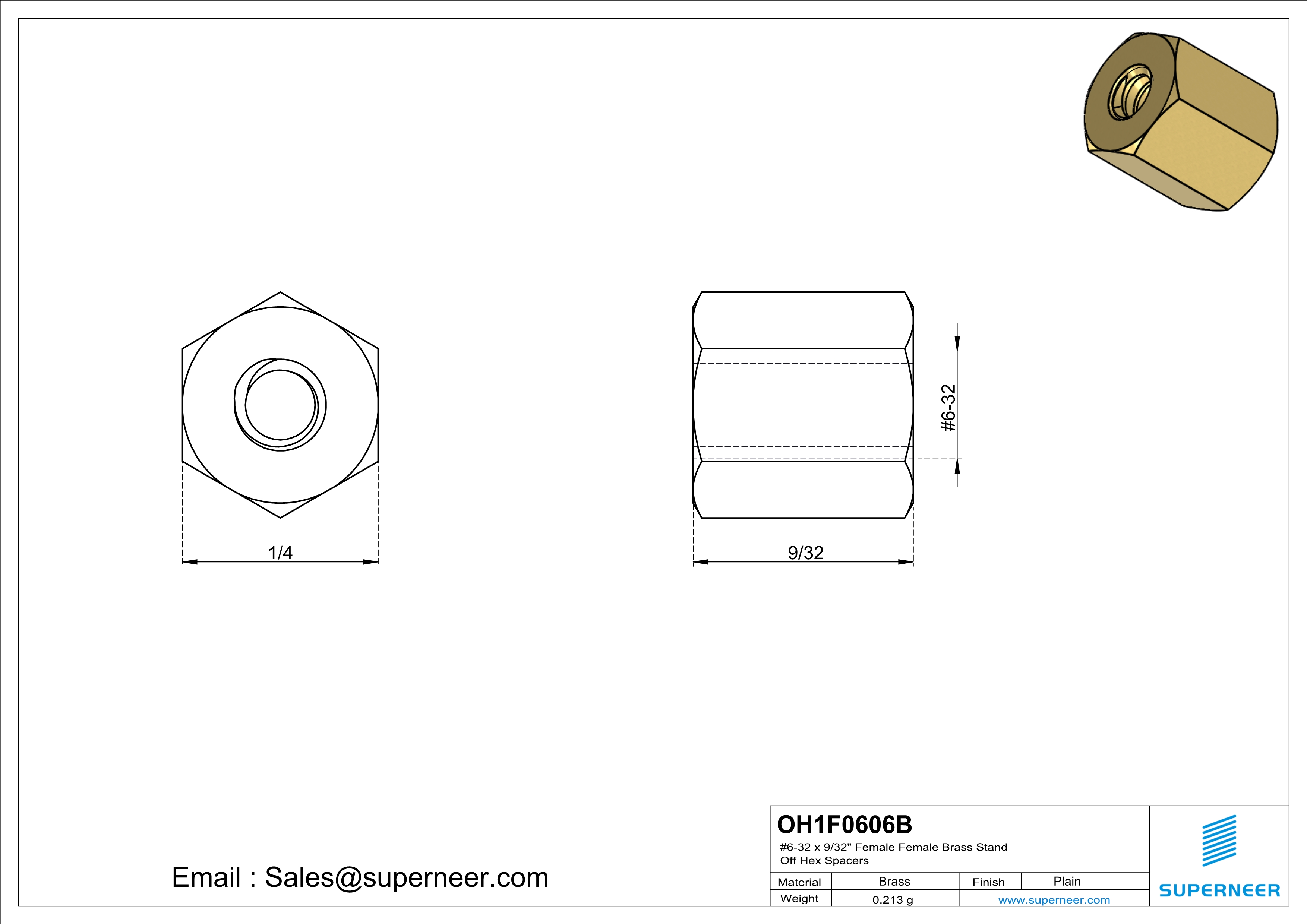 6-32 x 9/32" Female Female Brass Stand Off Hex Spacers 