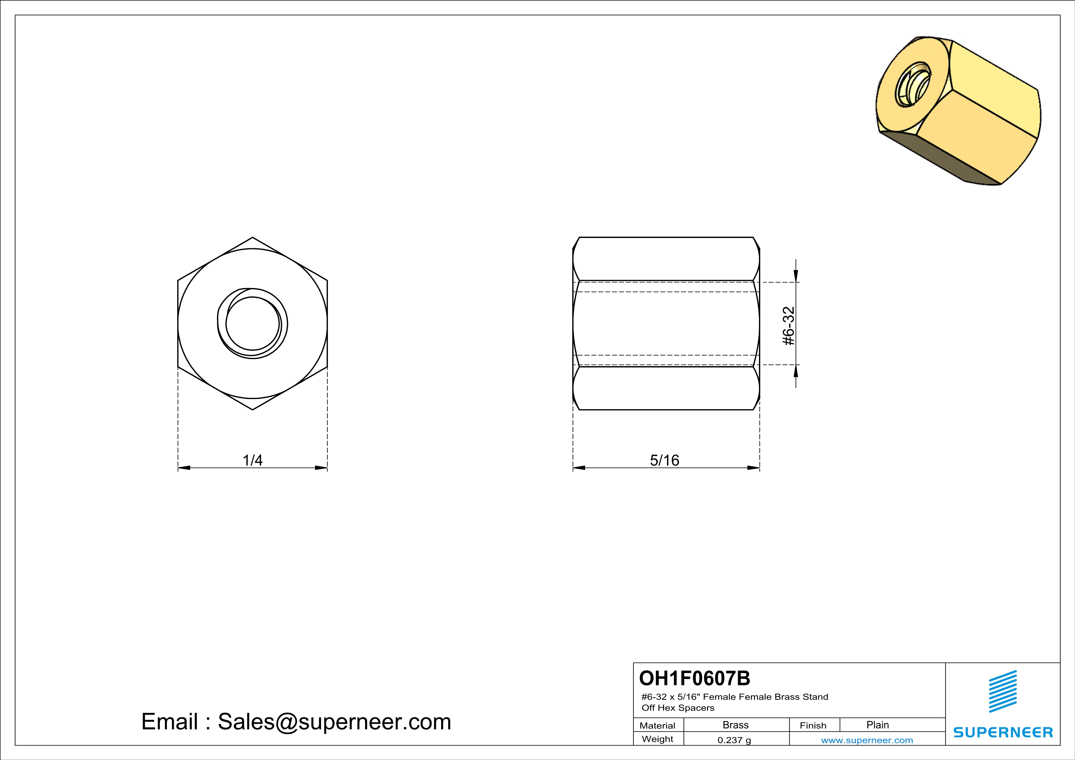 6-32 x 5/16" Female Female Brass Stand Off Hex Spacers 