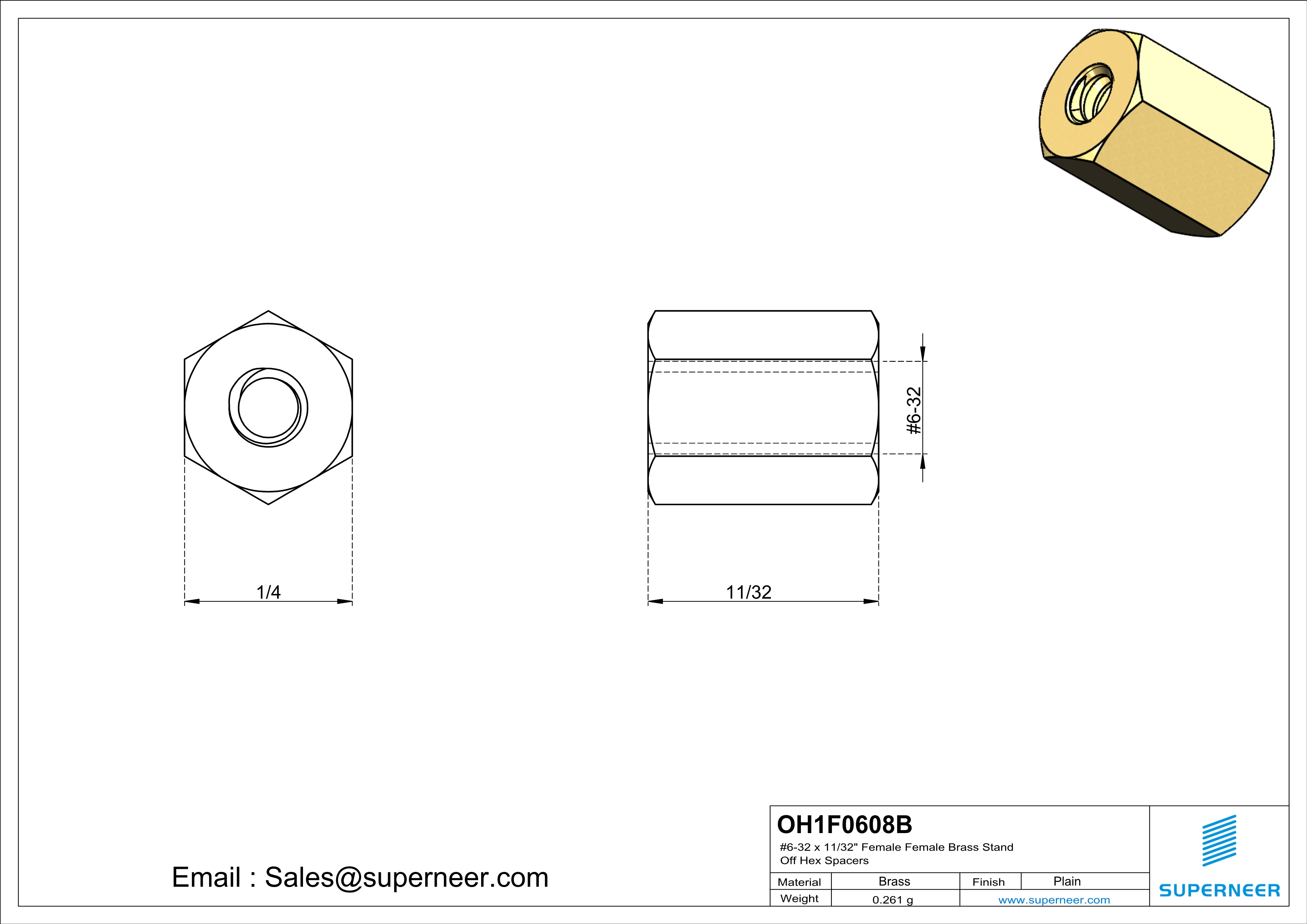 6-32 x 11/32" Female Female Brass Stand Off Hex Spacers 