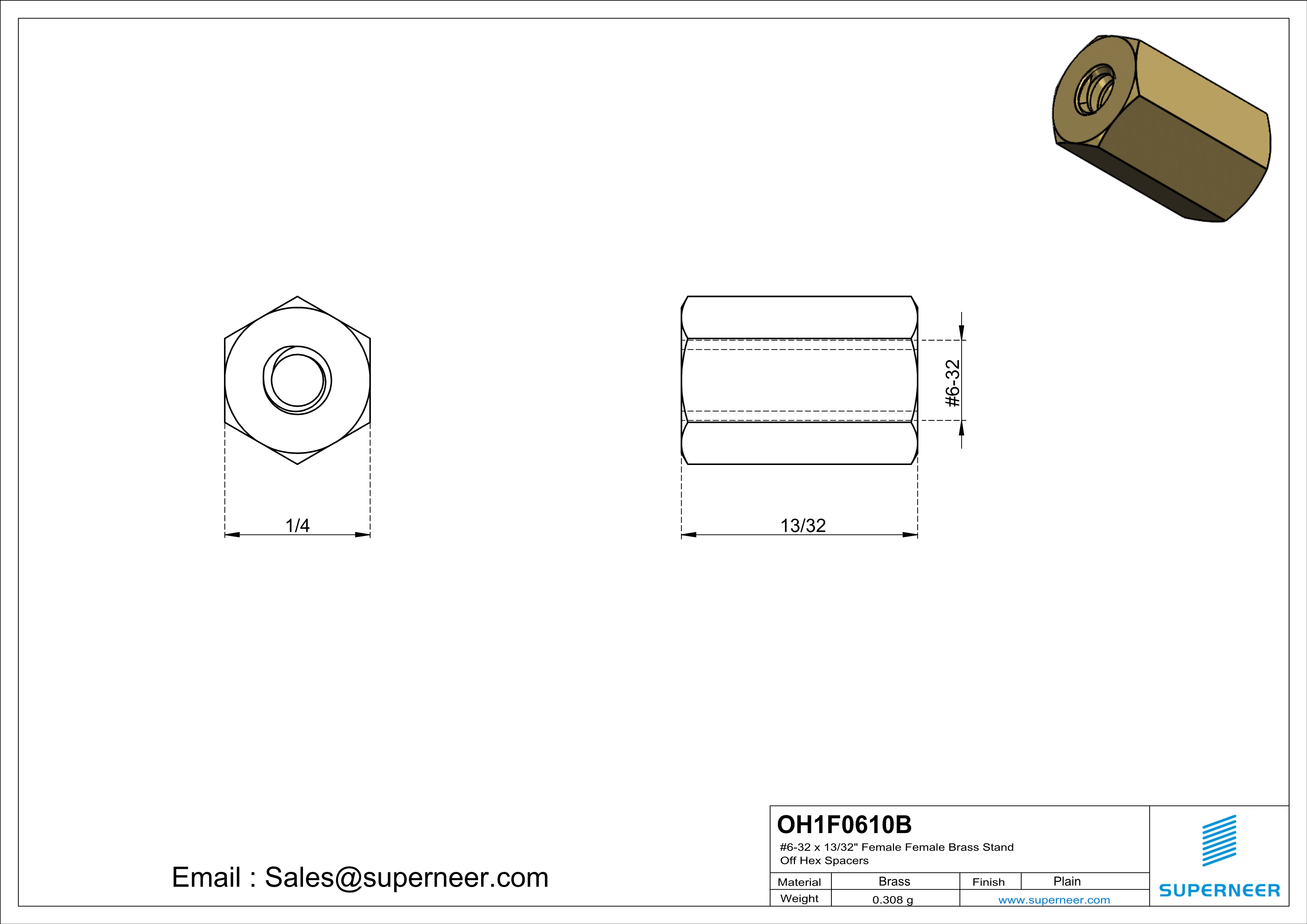 6-32 x 13/32" Female Female Brass Stand Off Hex Spacers 