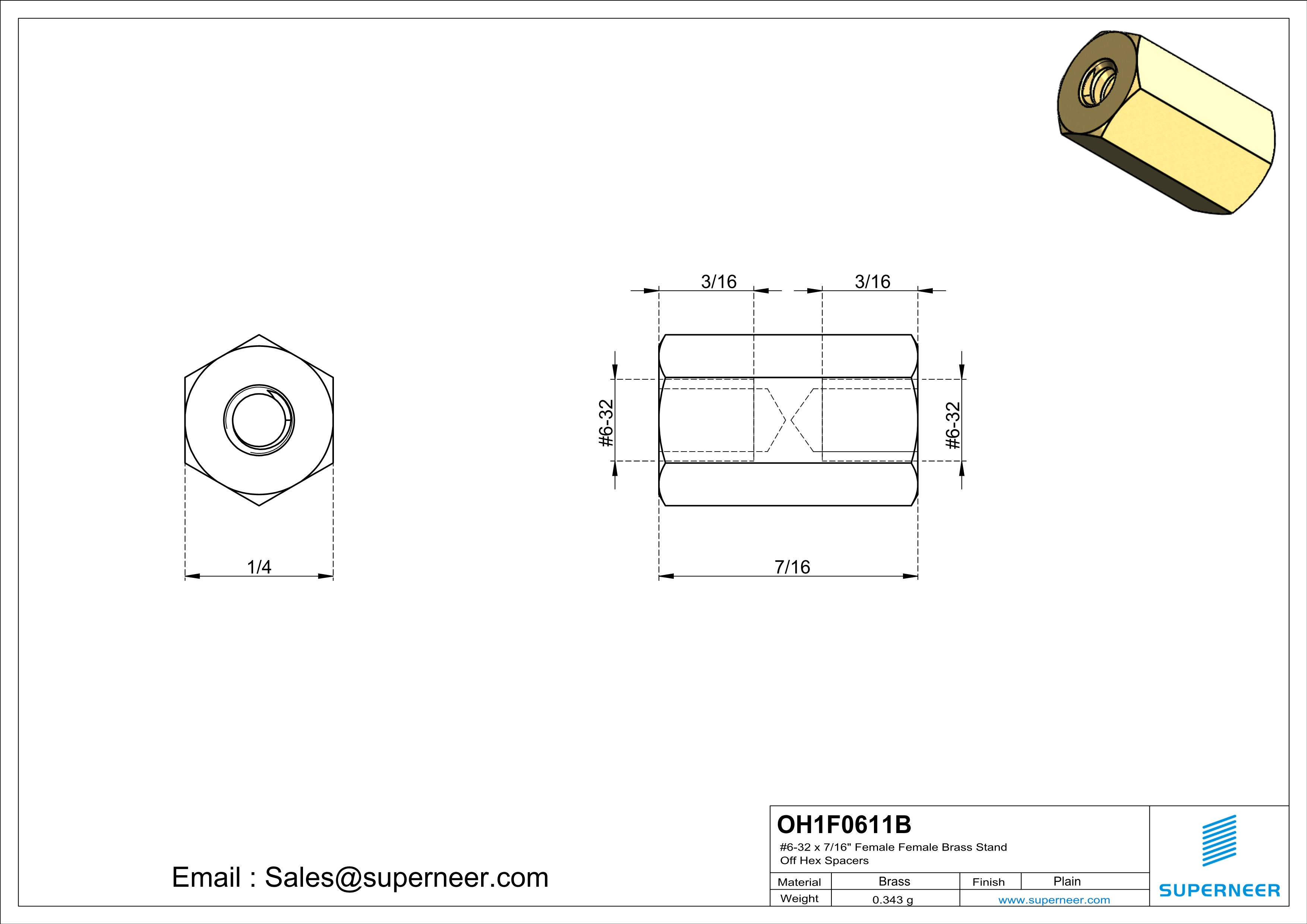 6-32 x 7/16" Female Female Brass Stand Off Hex Spacers 