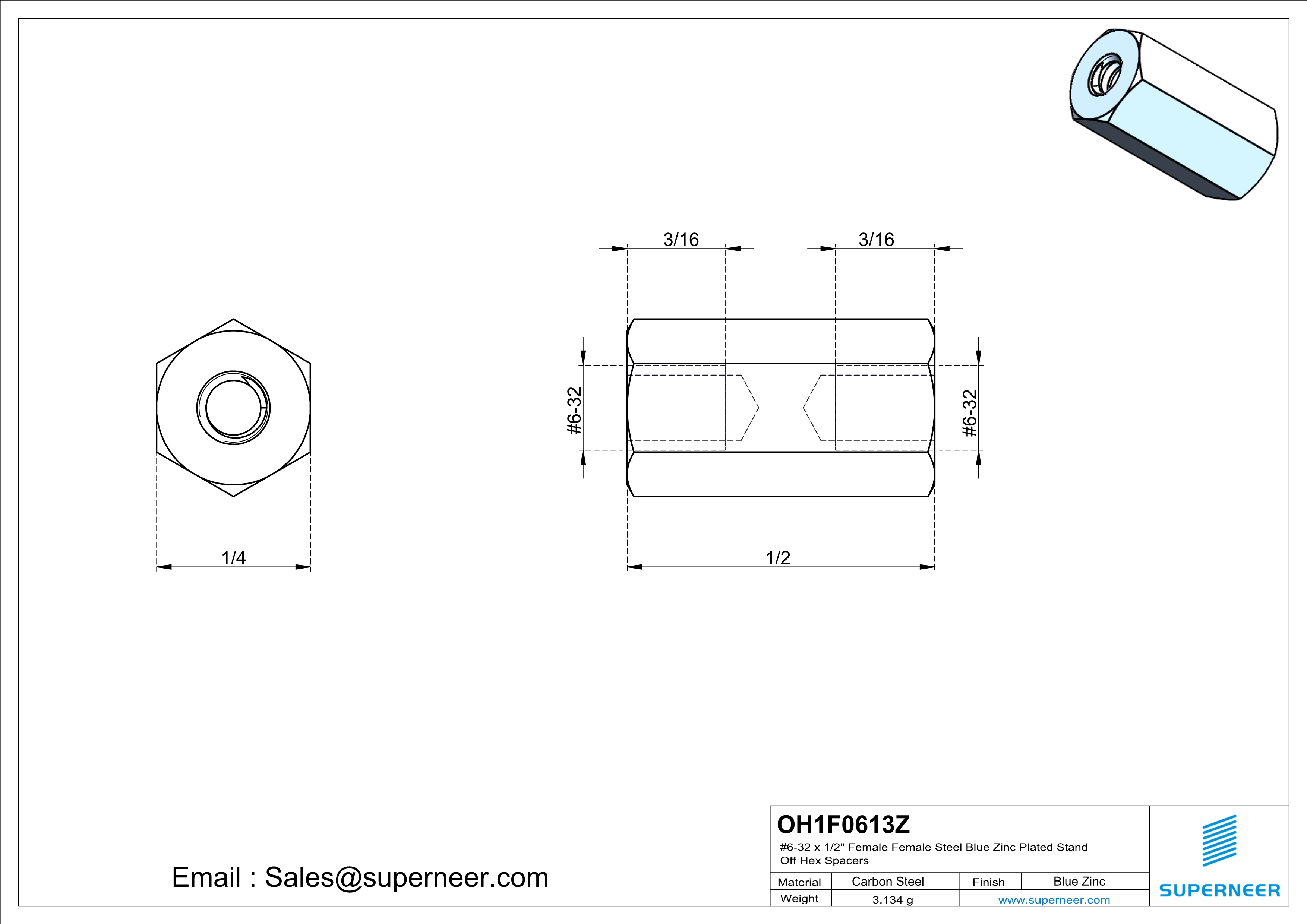 6-32 x 1/2" Female Female Steel Blue Zinc Plated Stand Off Hex Spacers 