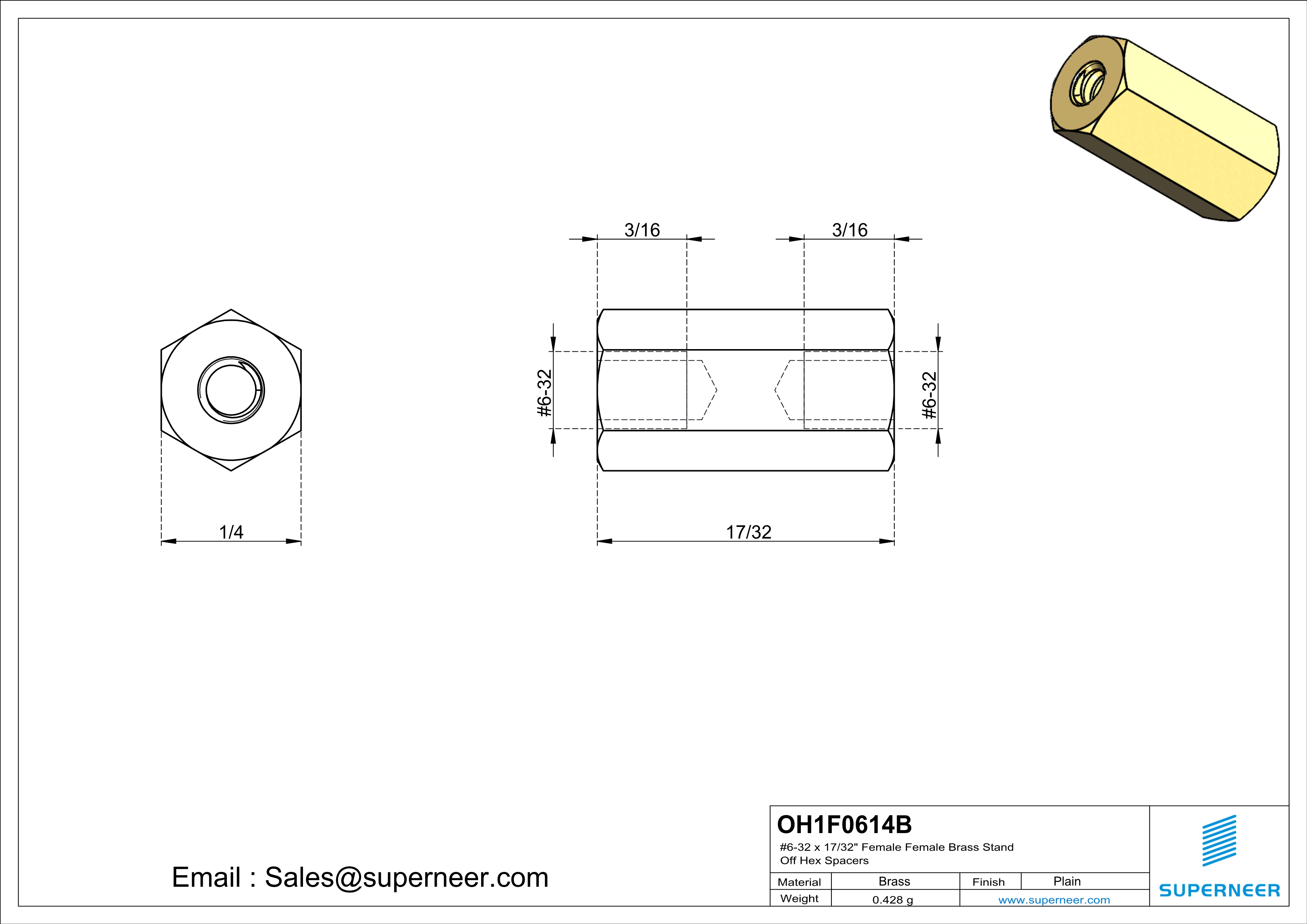 6-32 x 17/32" Female Female Brass Stand Off Hex Spacers 