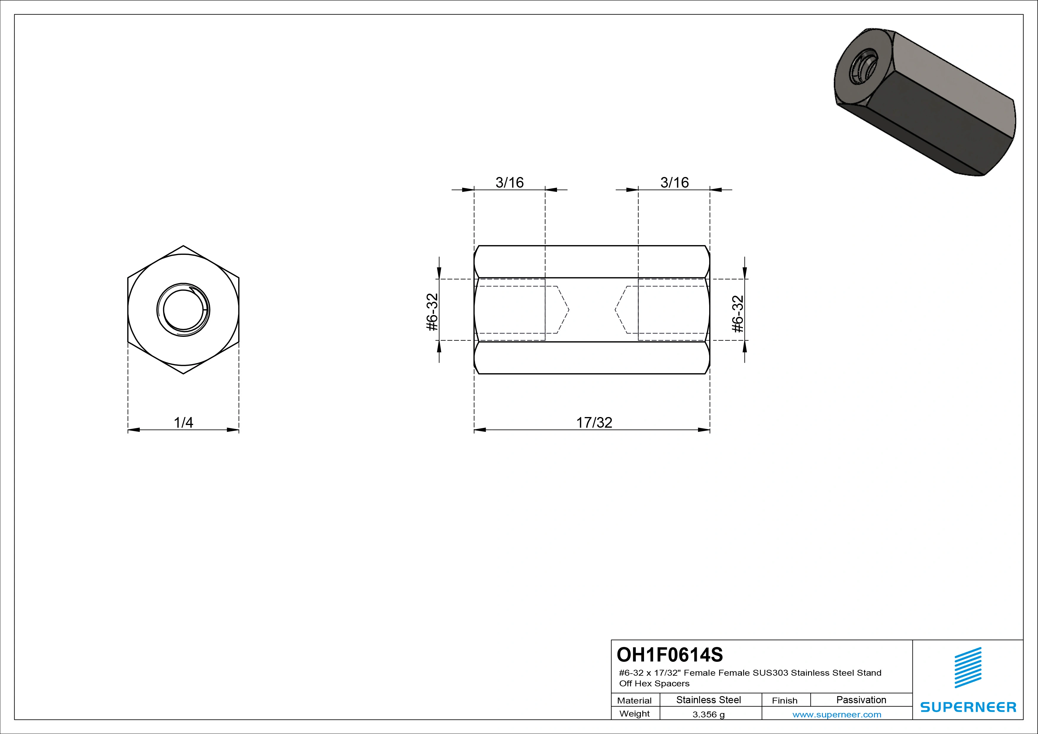 6-32 x 17/32" Female Female SUS303 Stainless Steel Inox Stand Off Hex Spacers 