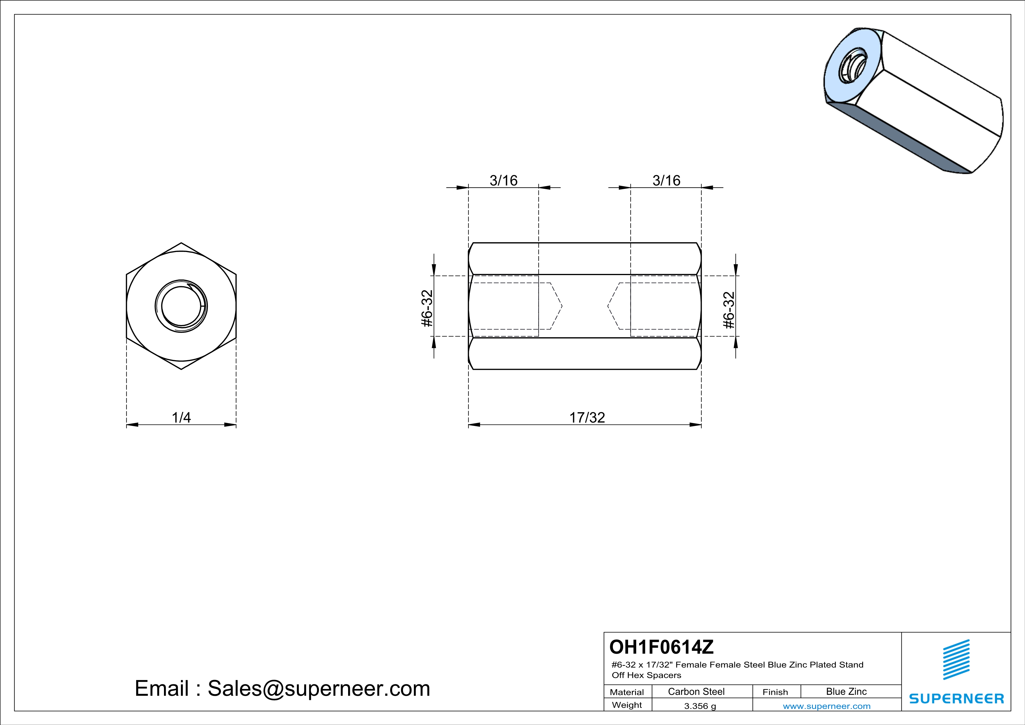 6-32 x 17/32" Female Female Steel Blue Zinc Plated Stand Off Hex Spacers 