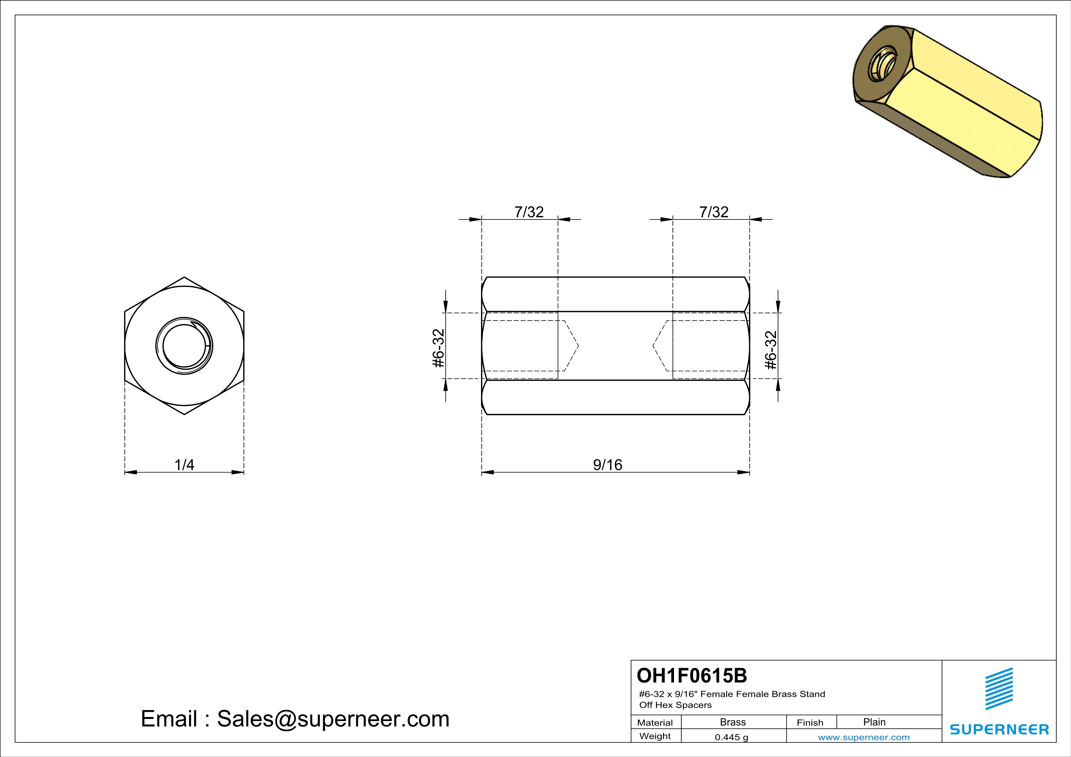 6-32 x 9/16" Female Female Brass Stand Off Hex Spacers 