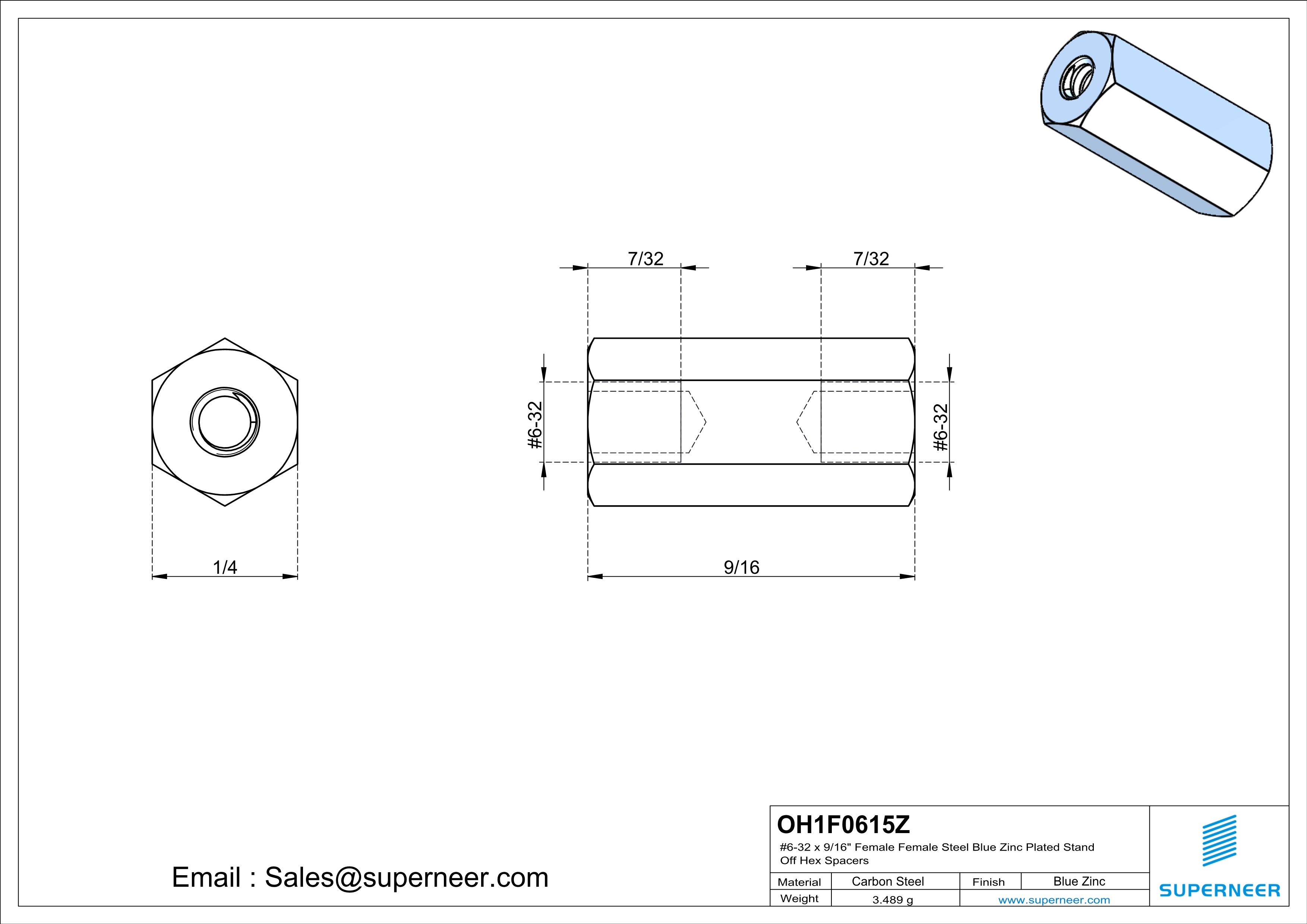 6-32 x 9/16" Female Female Steel Blue Zinc Plated Stand Off Hex Spacers 