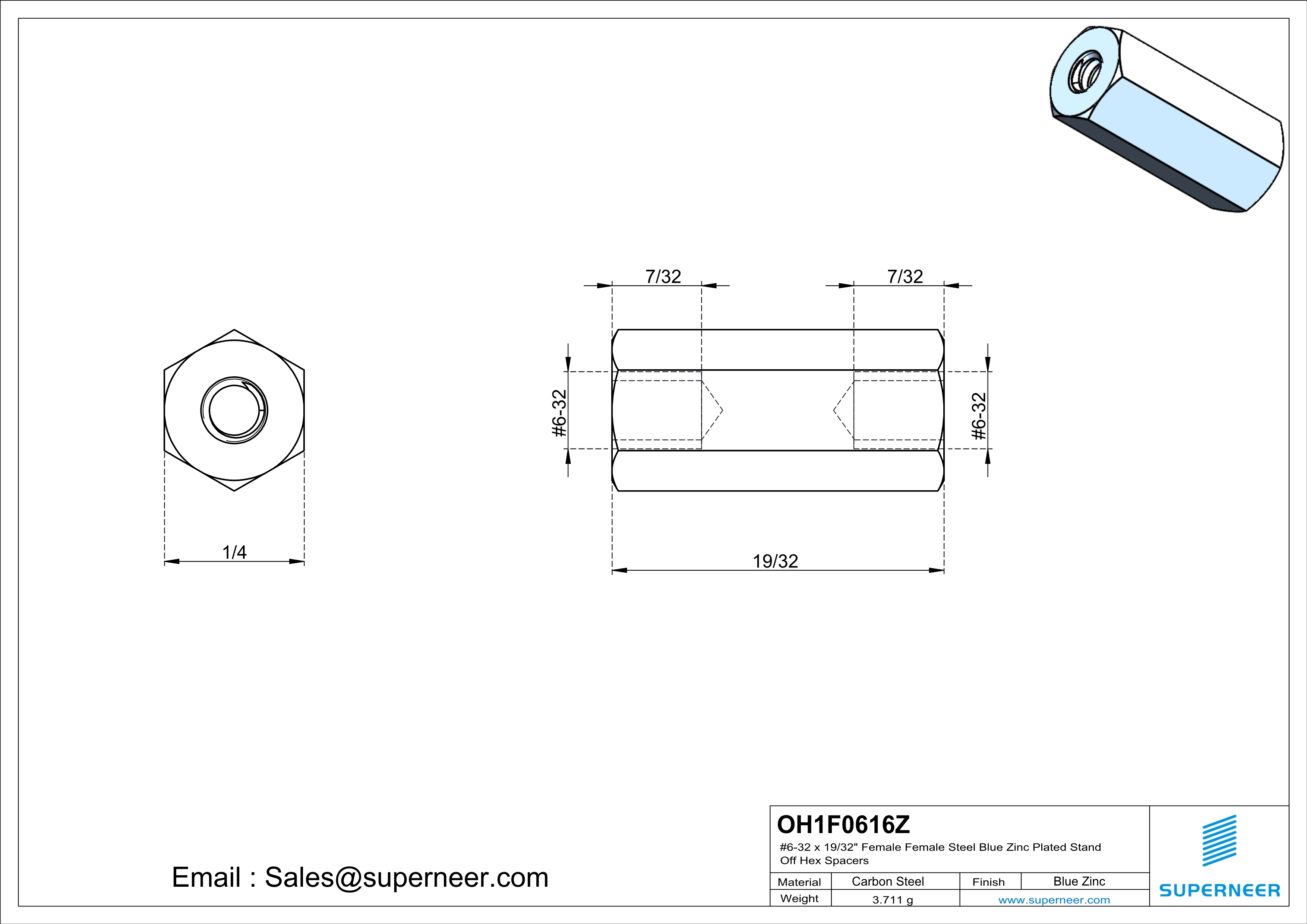 6-32 x 19/32" Female Female Steel Blue Zinc Plated Stand Off Hex Spacers 