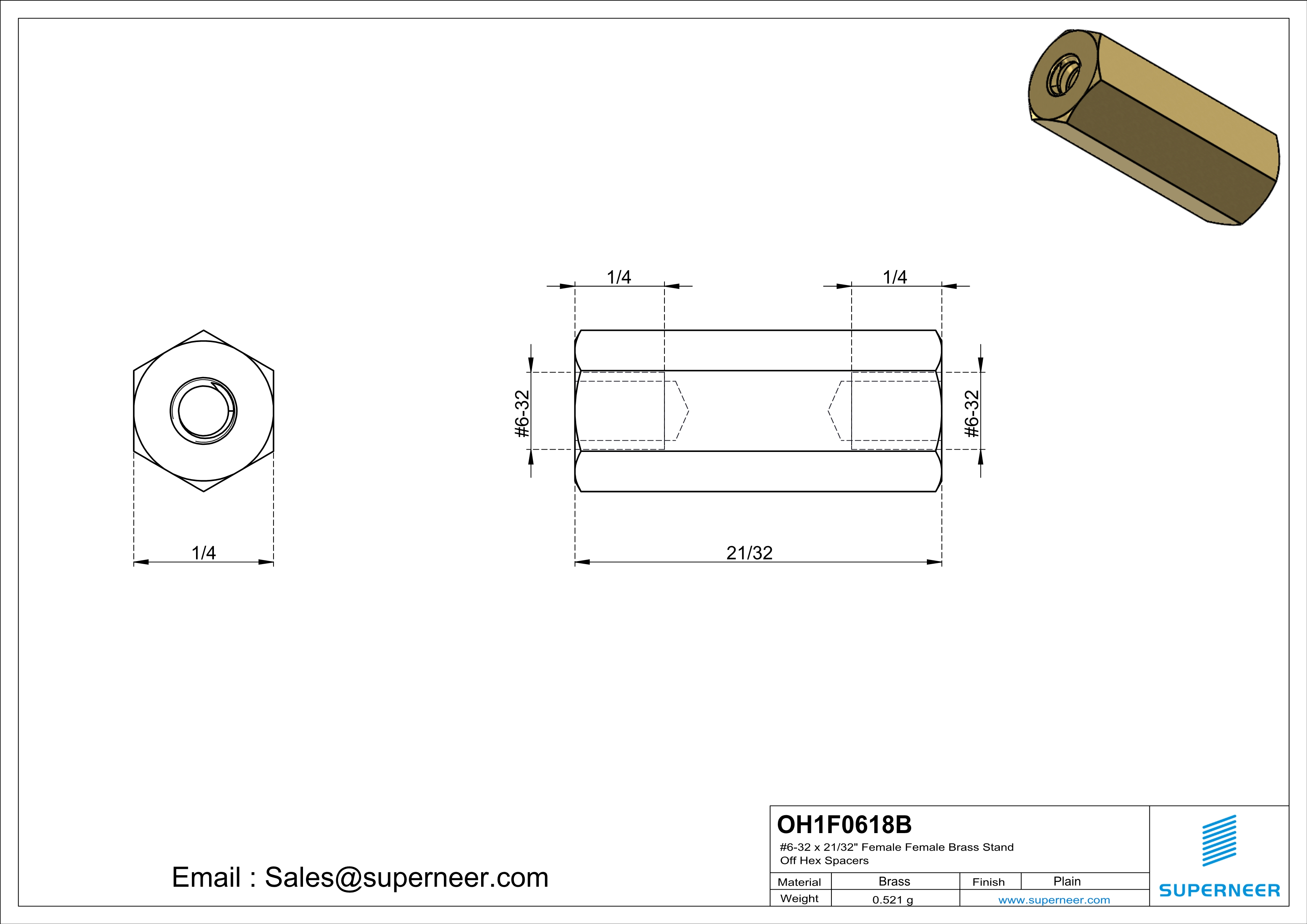 6-32 x 21/32" Female Female Brass Stand Off Hex Spacers 