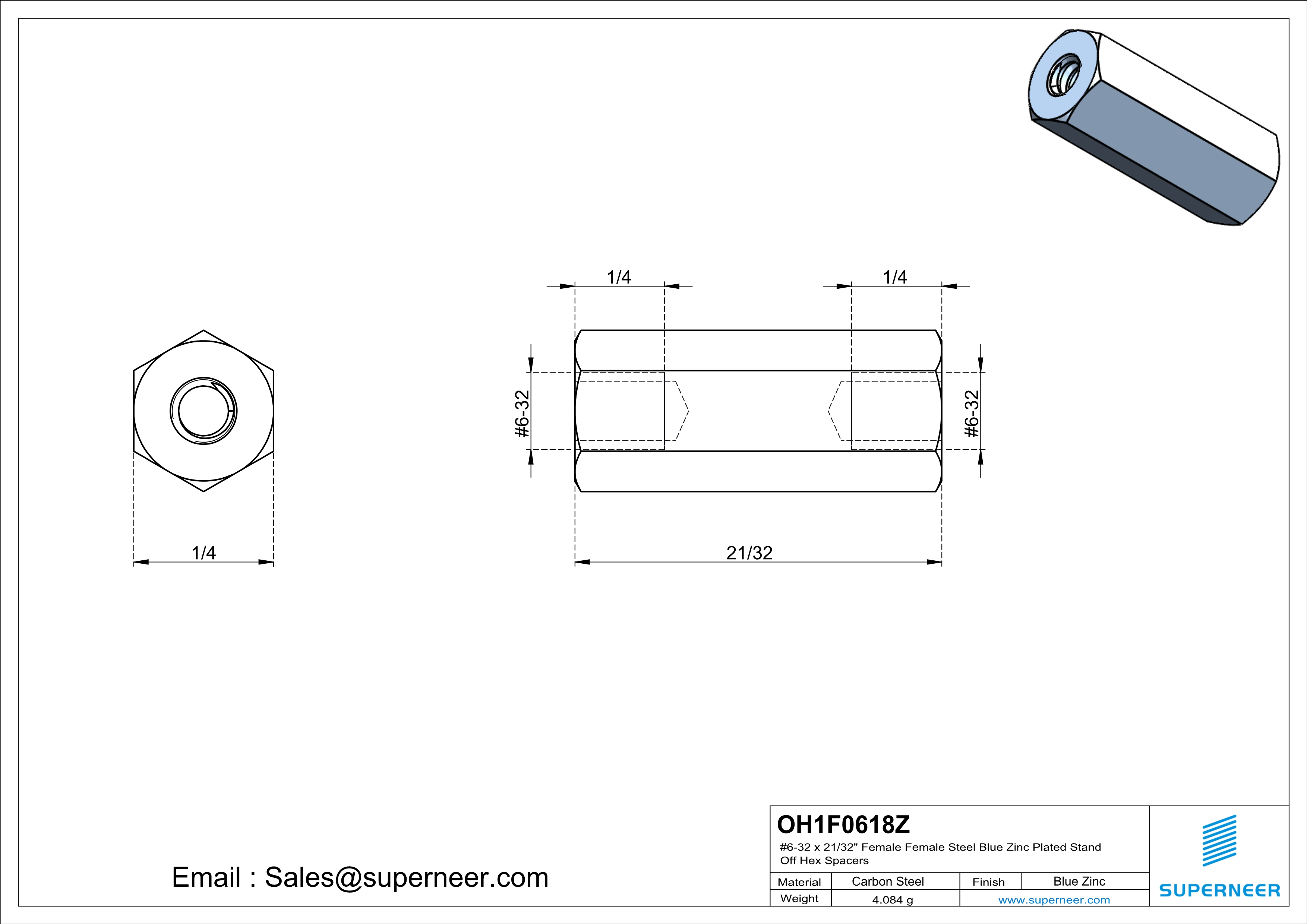 6-32 x 21/32" Female Female Steel Blue Zinc Plated Stand Off Hex Spacers 