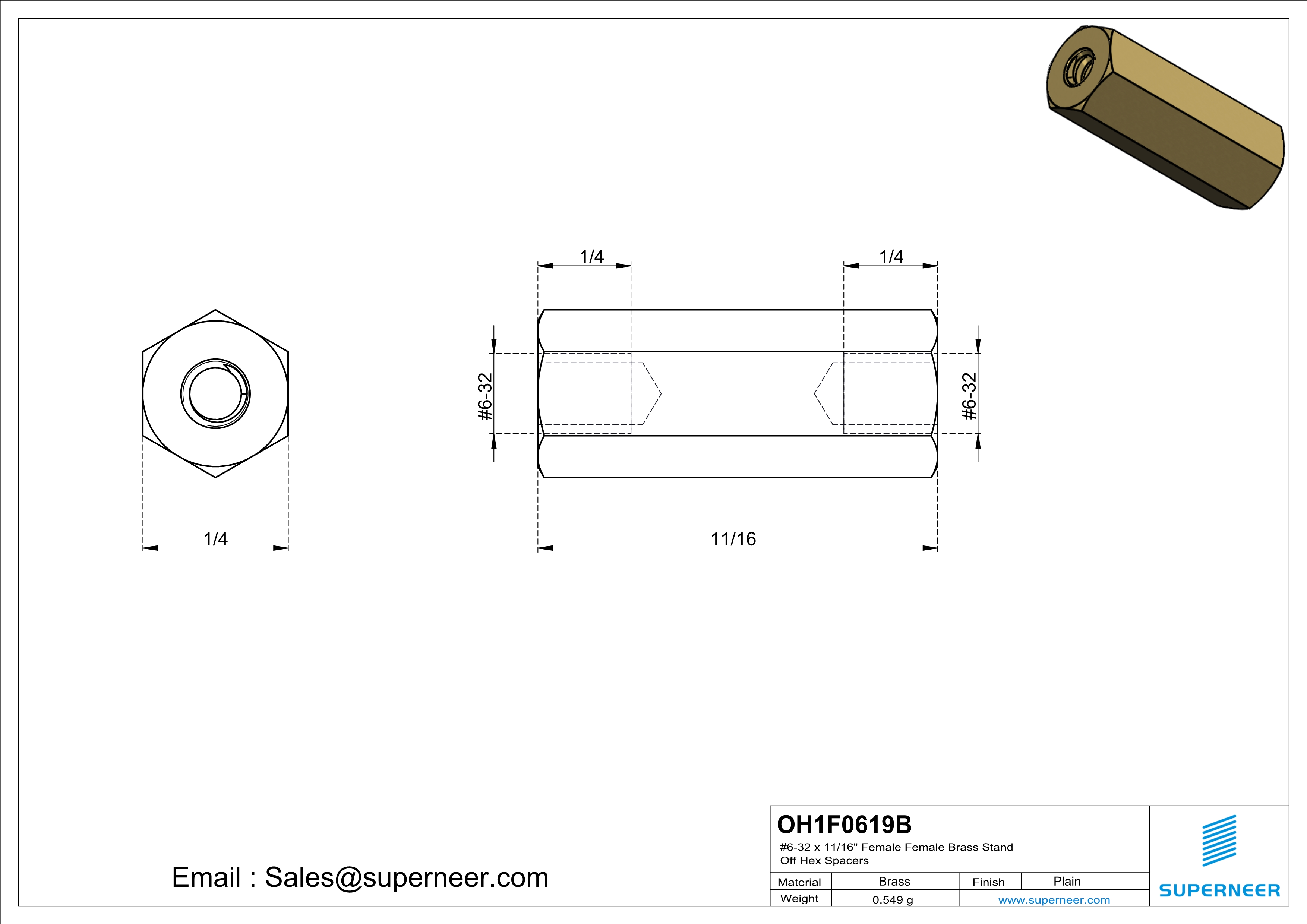 6-32 x 11/16" Female Female Brass Stand Off Hex Spacers 