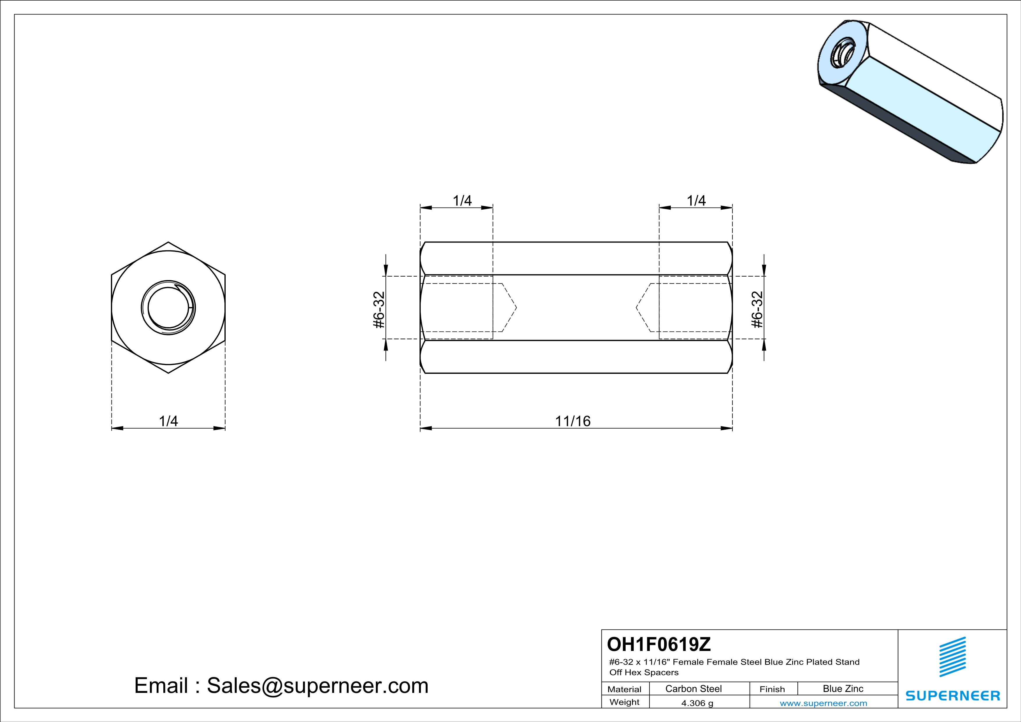 6-32 x 11/16" Female Female Steel Blue Zinc Plated Stand Off Hex Spacers 